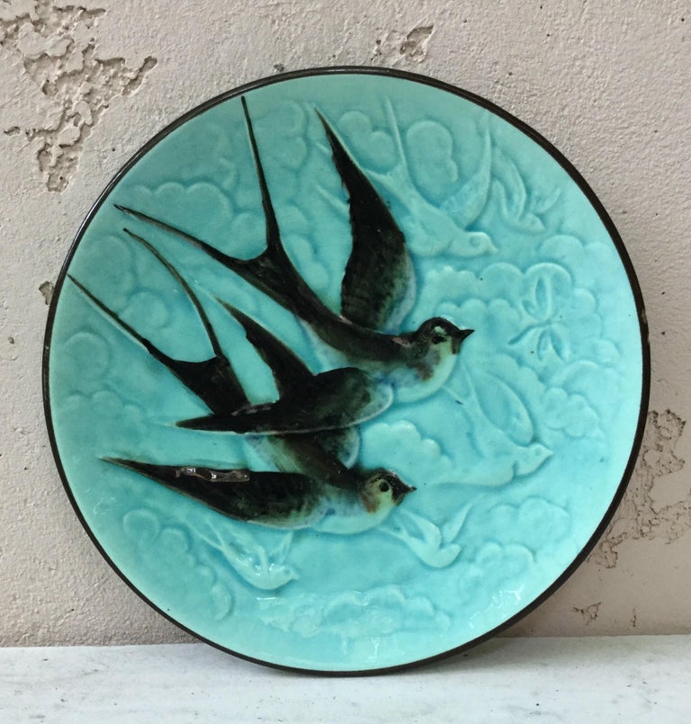 Ceramic Majolica Parakeets Plate Salins, circa 1890 For Sale