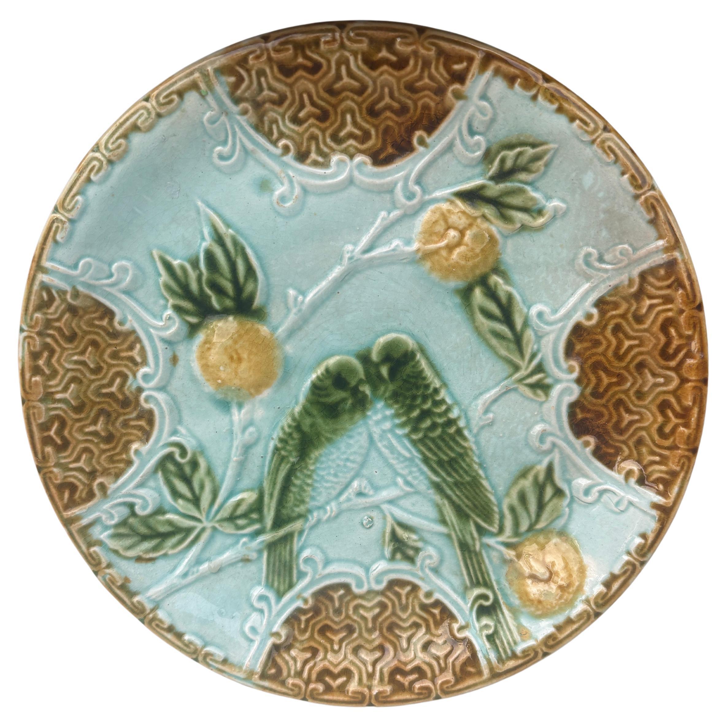 Majolica Parakeets Plate Salins, circa 1890 For Sale