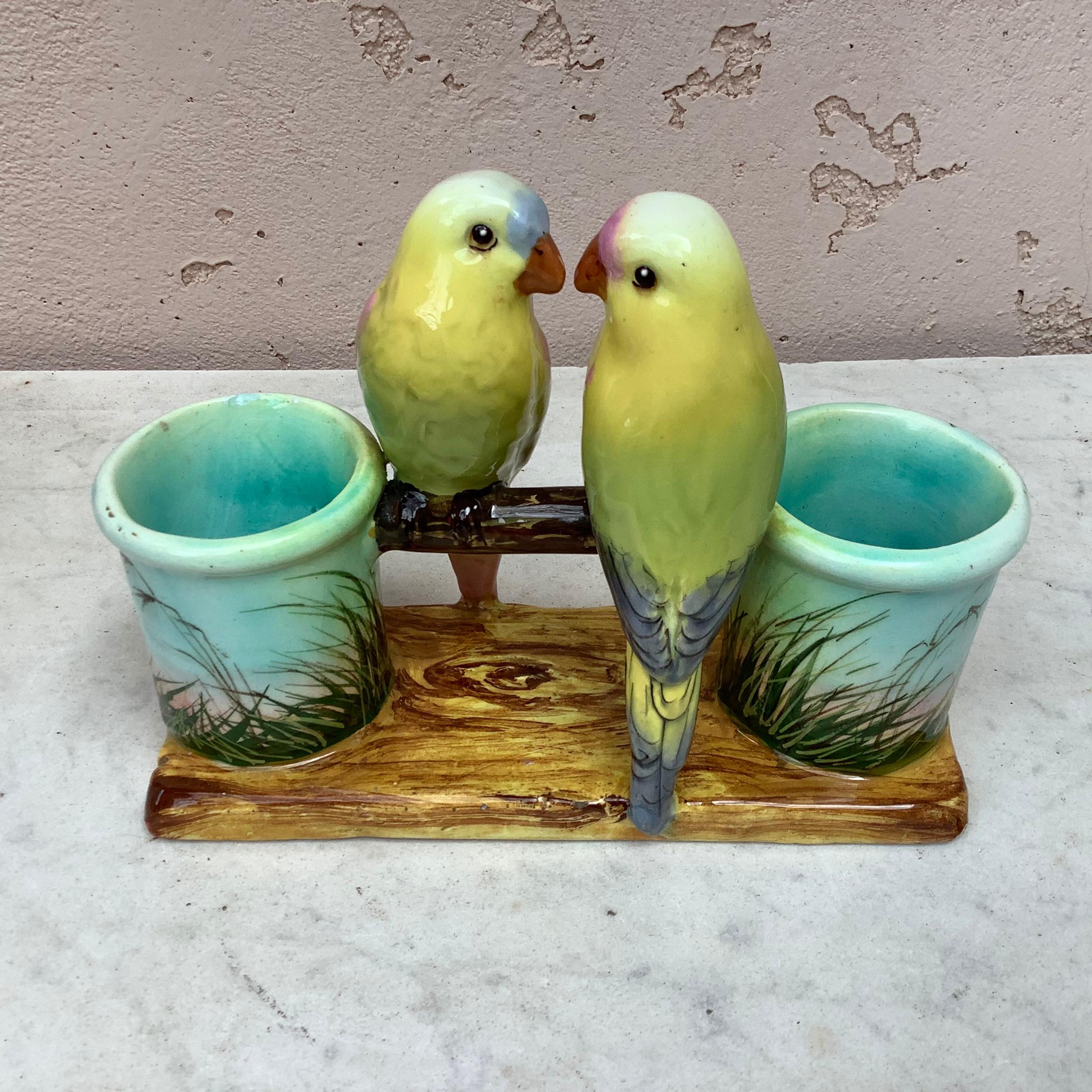 Art Nouveau Majolica Parrots Double Vase Delphin Massier, circa 1890 For Sale