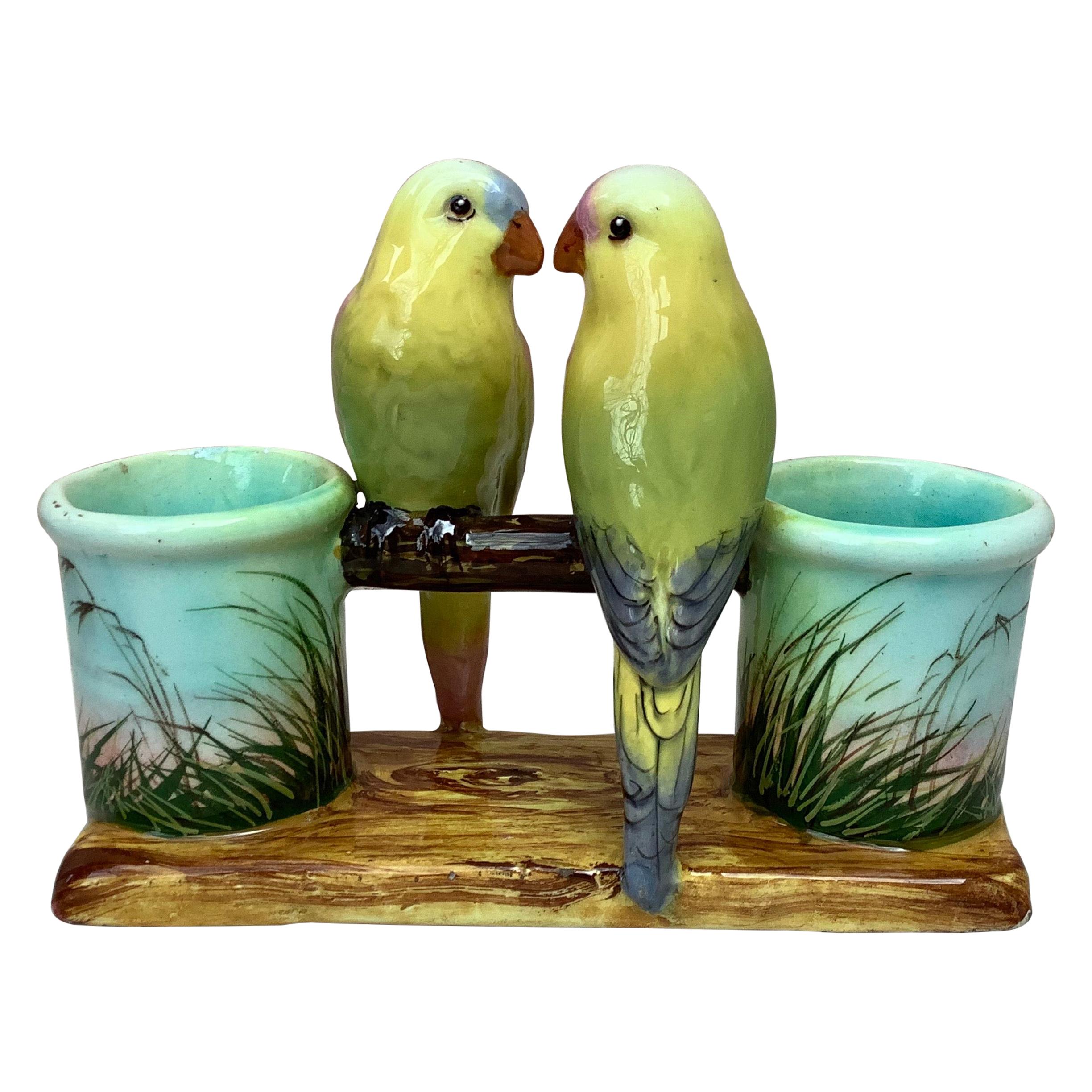 Majolica Parrots Double Vase Delphin Massier, circa 1890