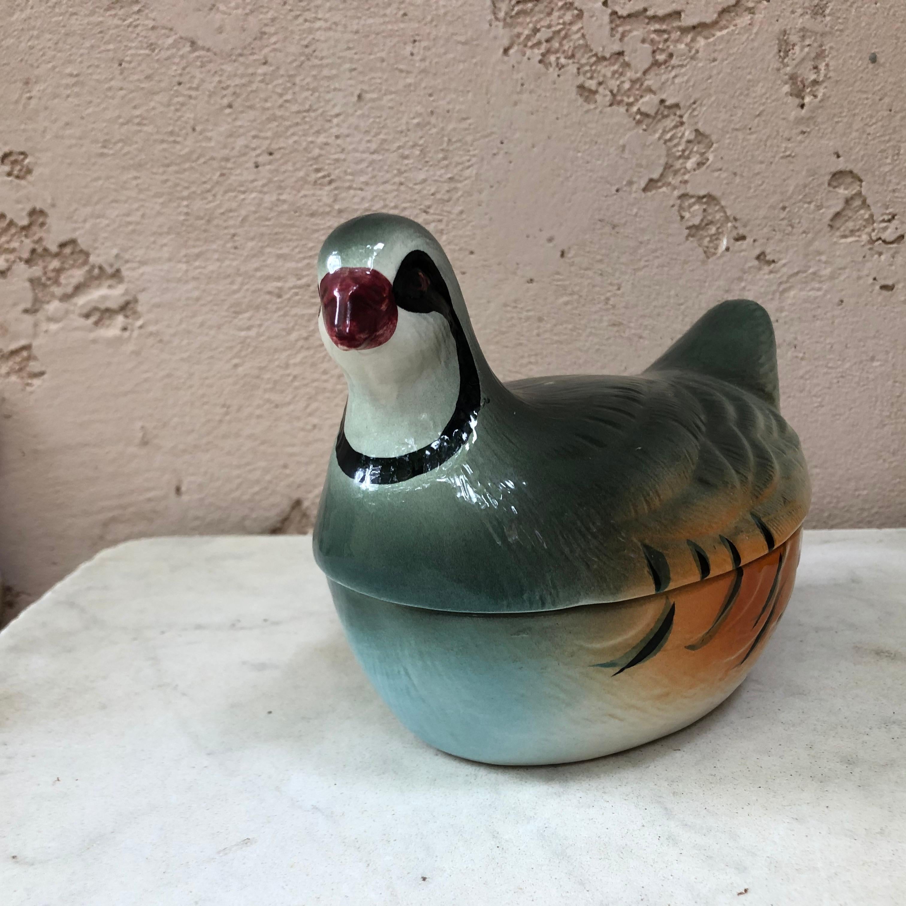 Majolica partridge tureen signed Caugant, circa 1950.