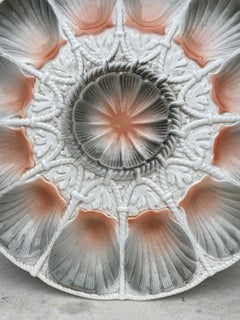 Majolica Peach & Grey Shell Oyster Platter Sarreguemines, circa 1930