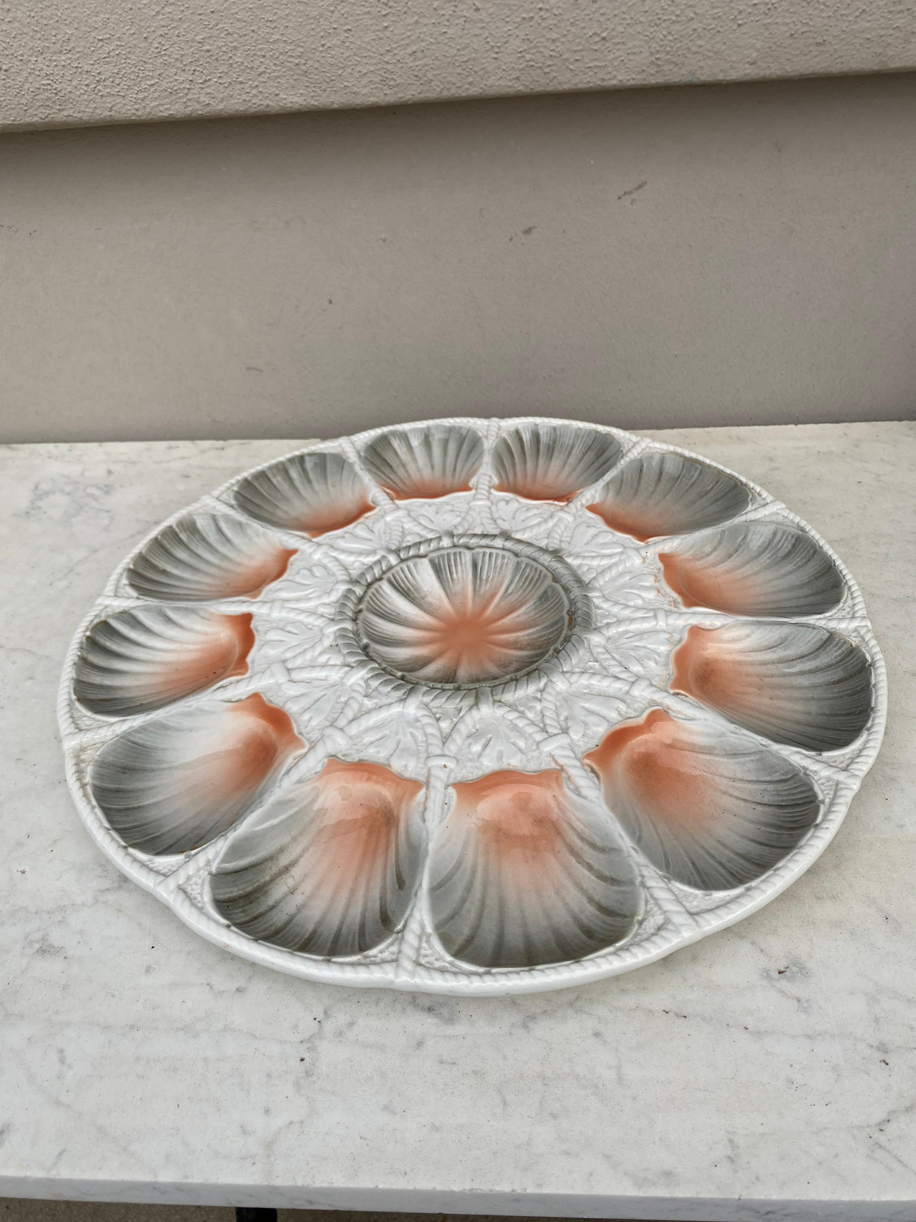 Victorian Majolica Peach & Grey Shell Oyster Platter Sarreguemines, circa 1930 For Sale