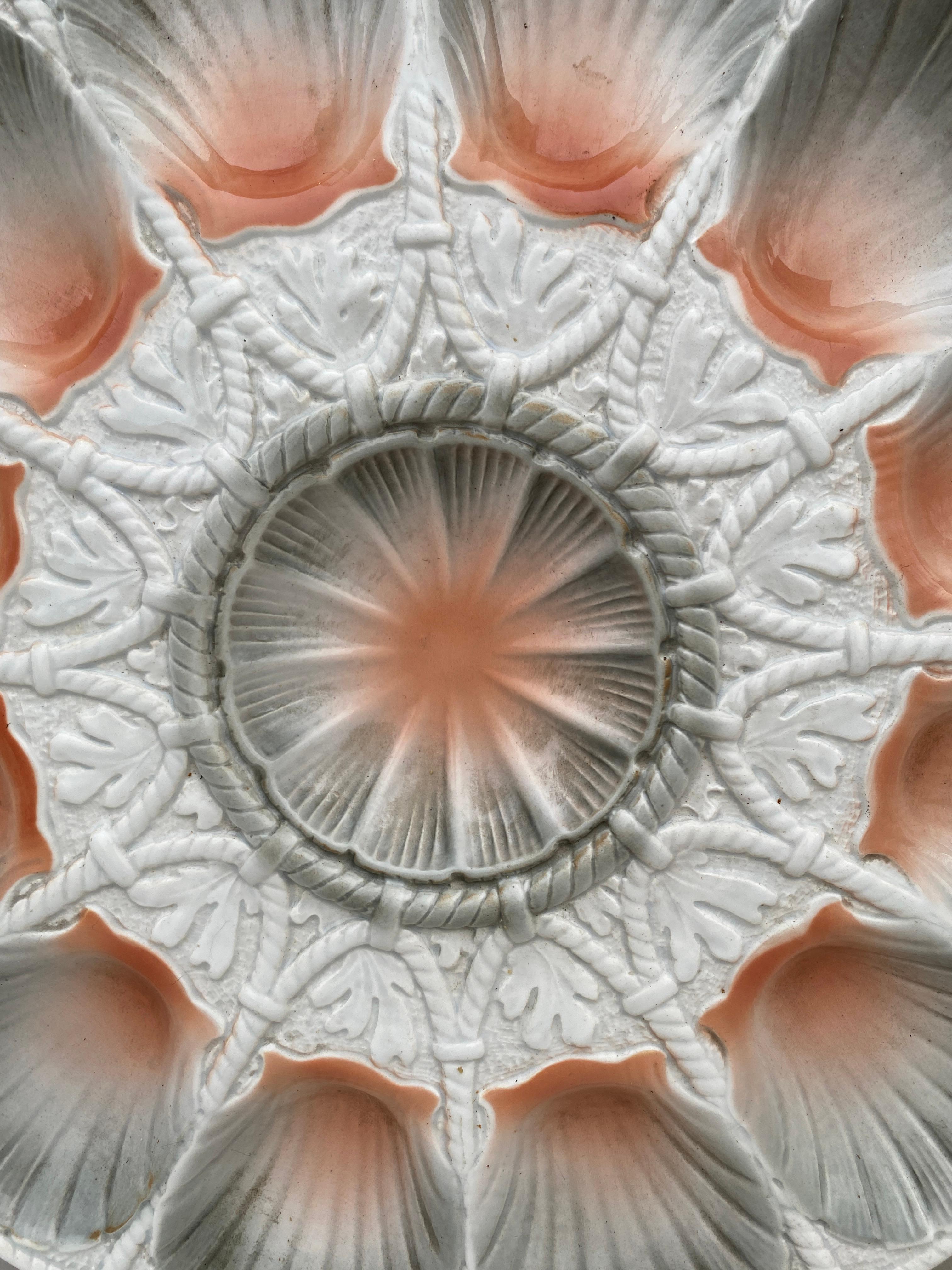 French Majolica Peach & Grey Shell Oyster Platter Sarreguemines, circa 1930 For Sale
