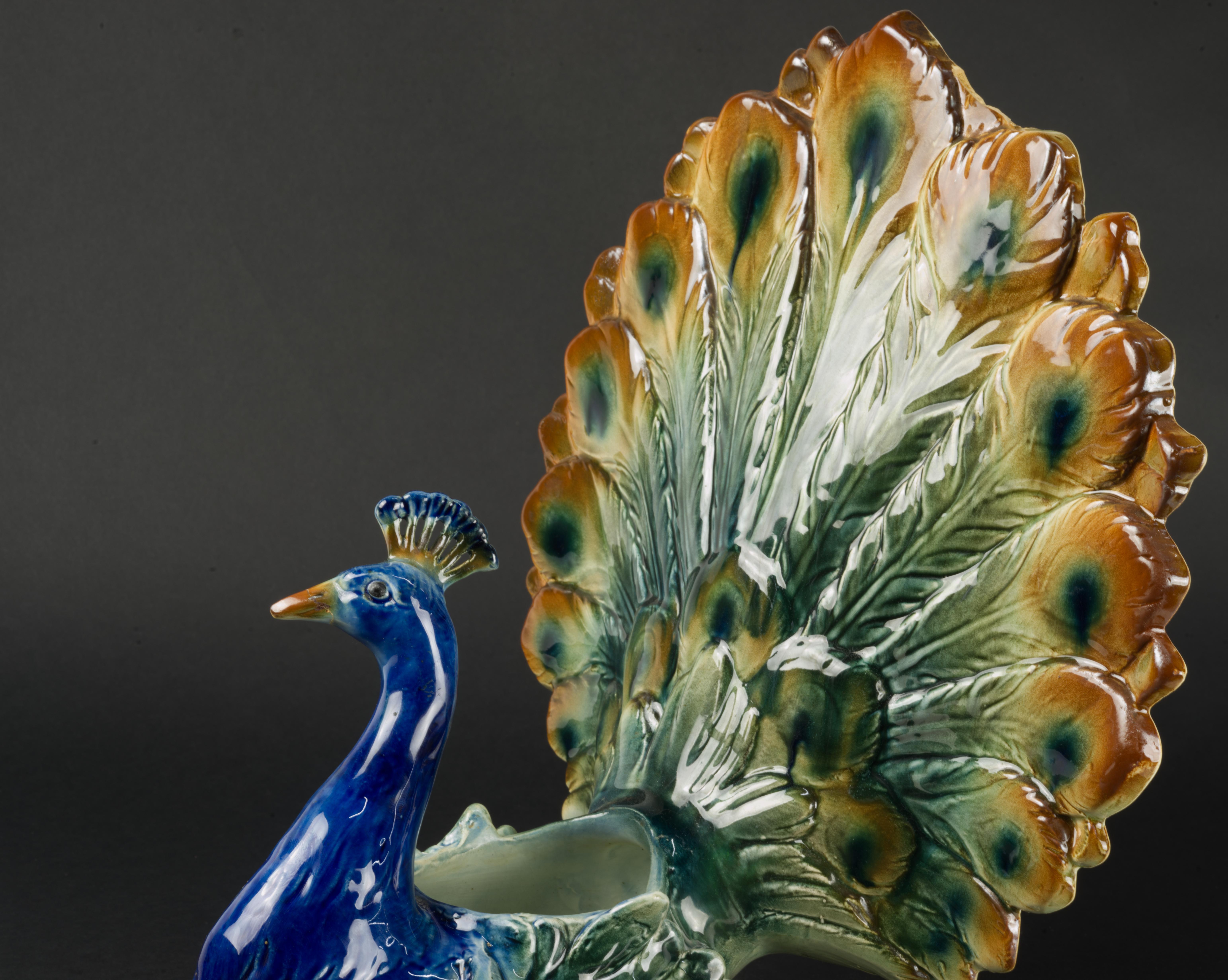 Majolica Peacock Jardiniere Planter St Clement France Art Deco 1920s 7