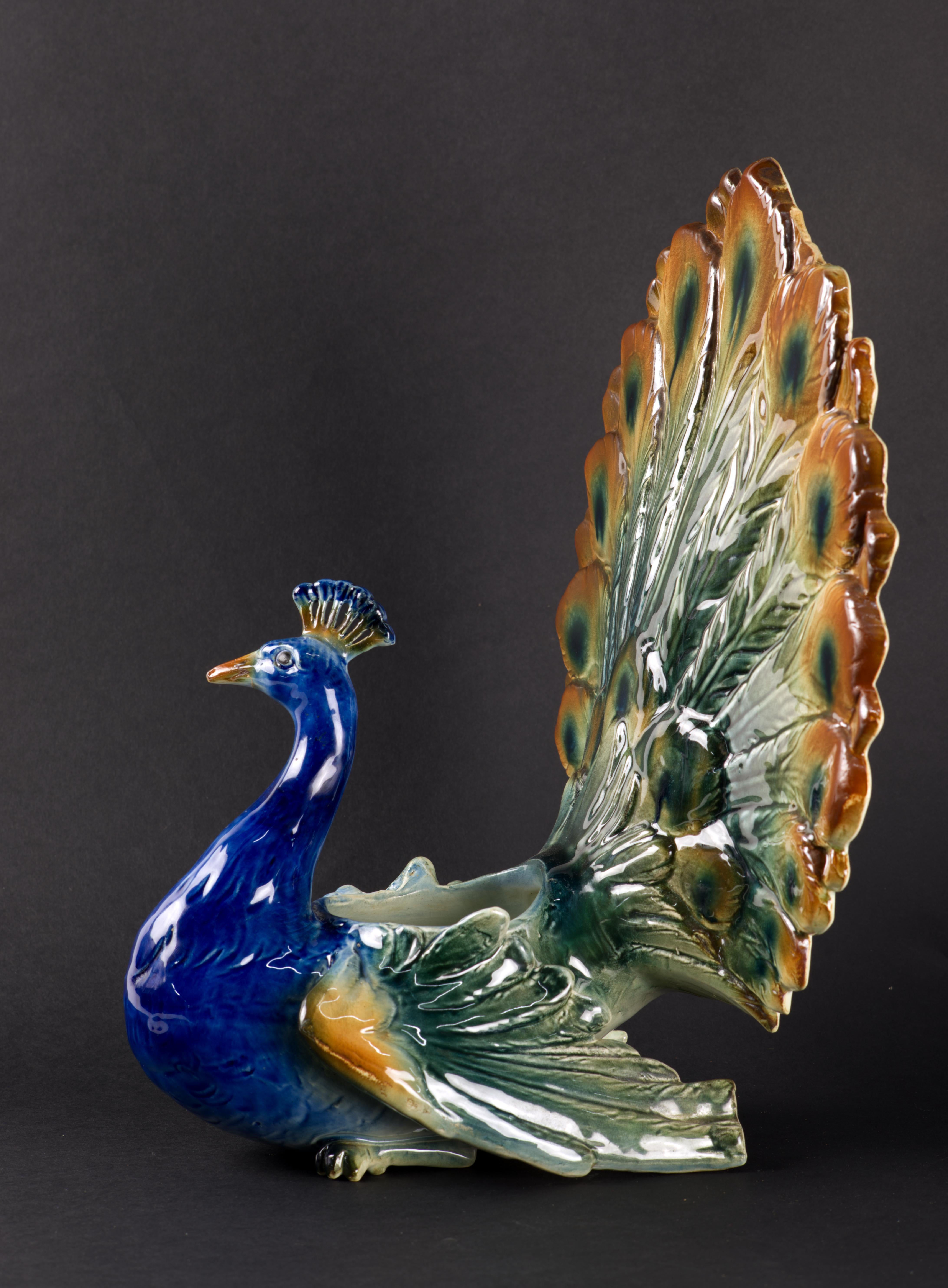 Majolica Peacock Jardiniere Planter St Clement France Art Deco 1920s In Fair Condition For Sale In Clifton Springs, NY