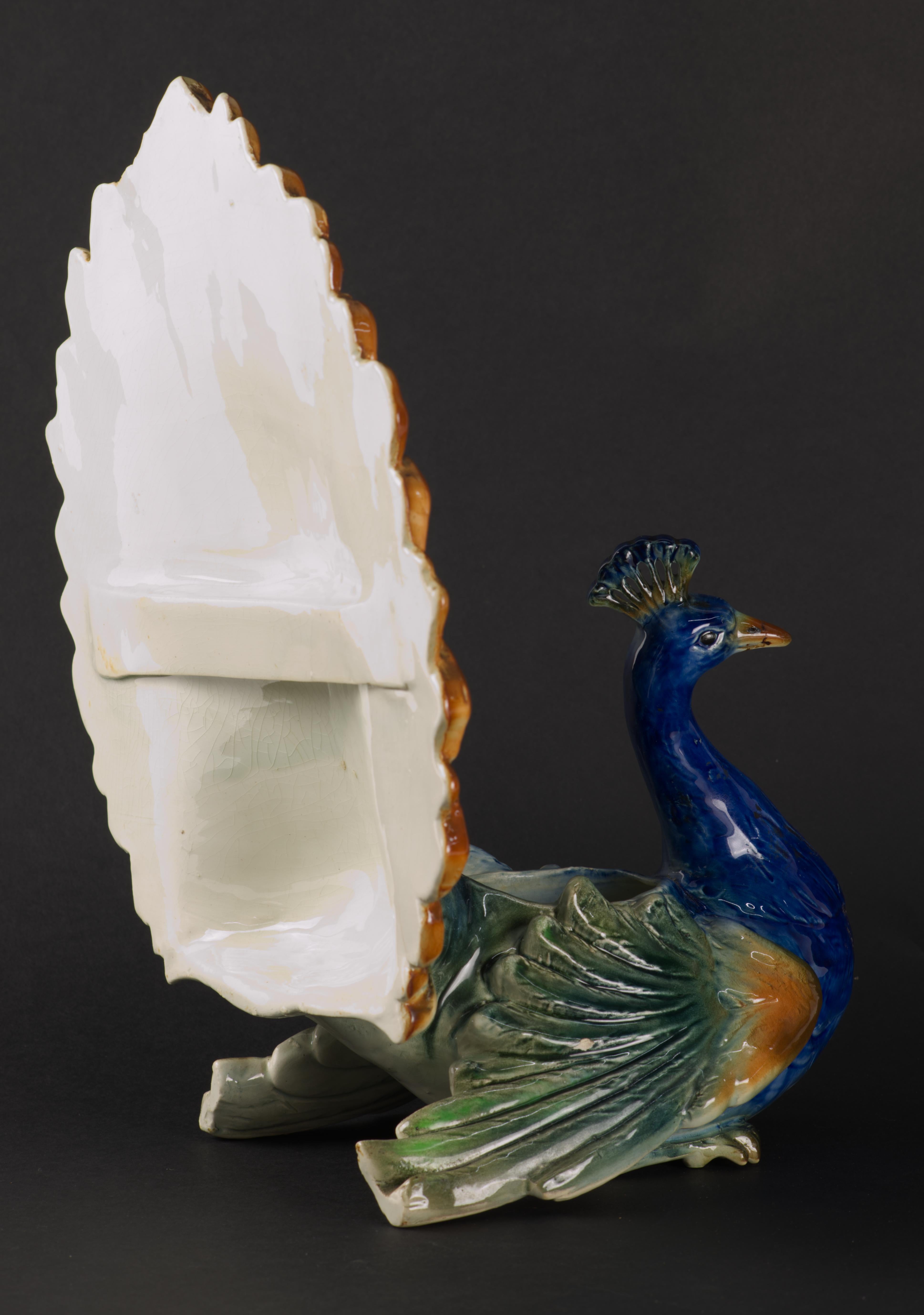 Ceramic Majolica Peacock Jardiniere Planter St Clement France Art Deco 1920s For Sale