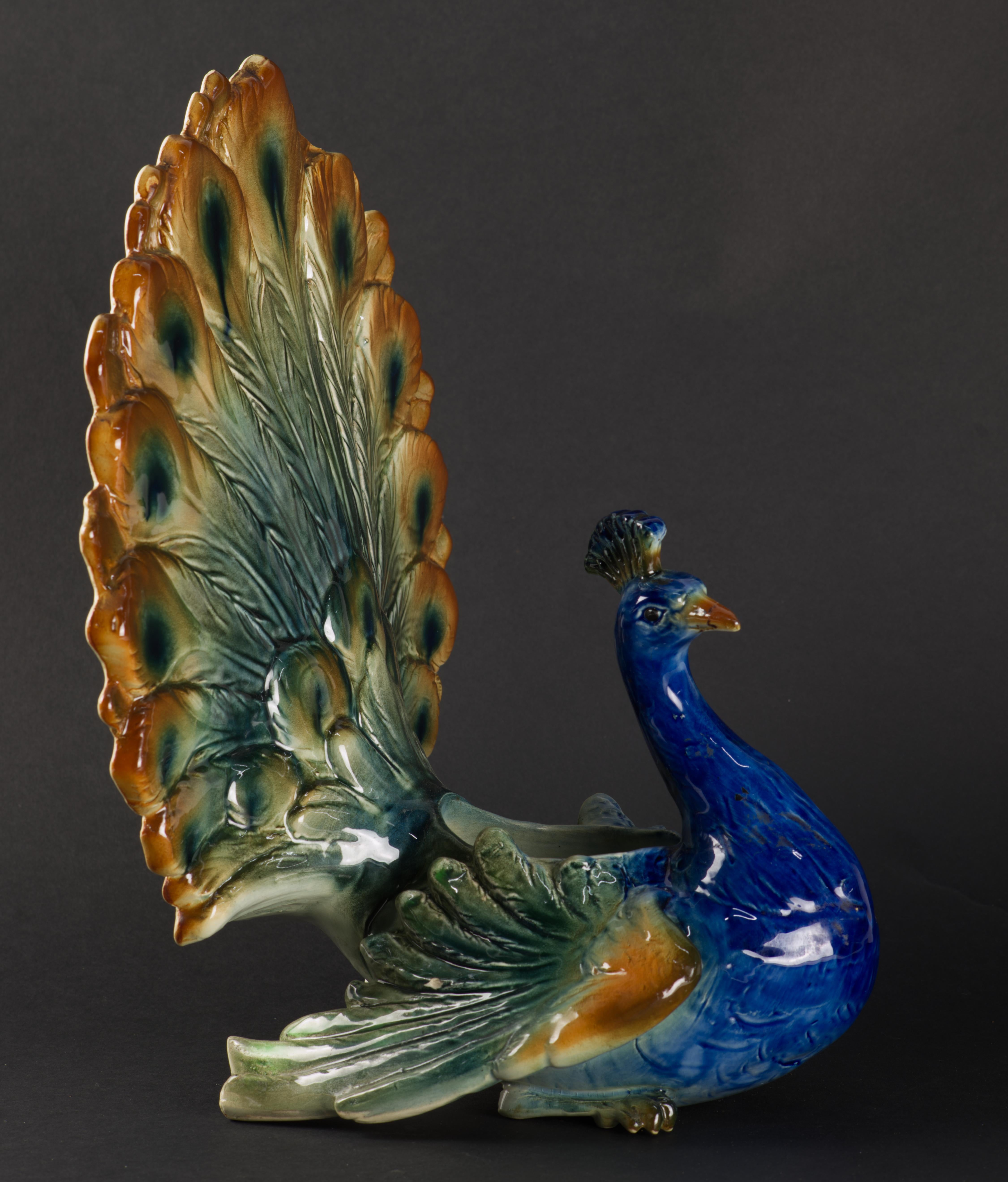 Majolica Peacock Jardiniere Planter St Clement France Art Deco 1920s For Sale 1