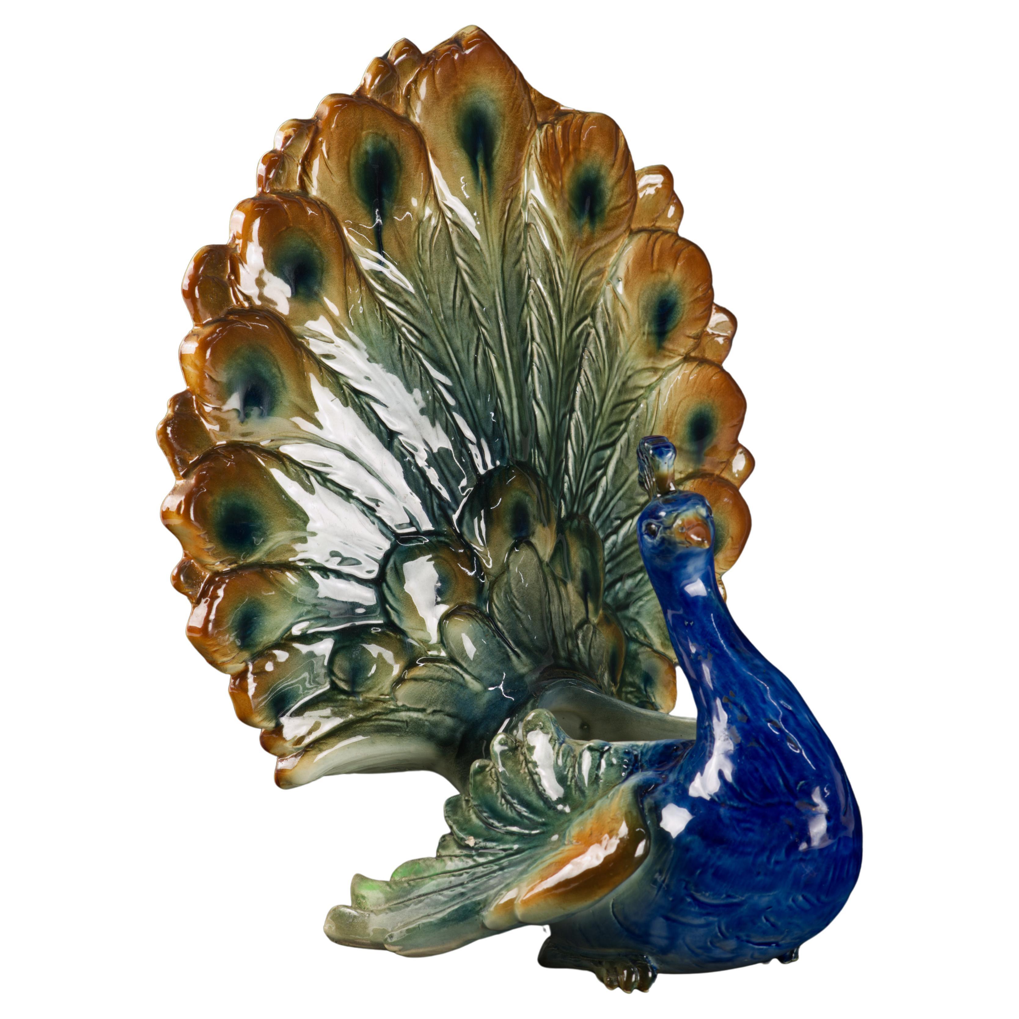 Majolica Peacock Jardiniere Planter St Clement France Art Deco 1920s