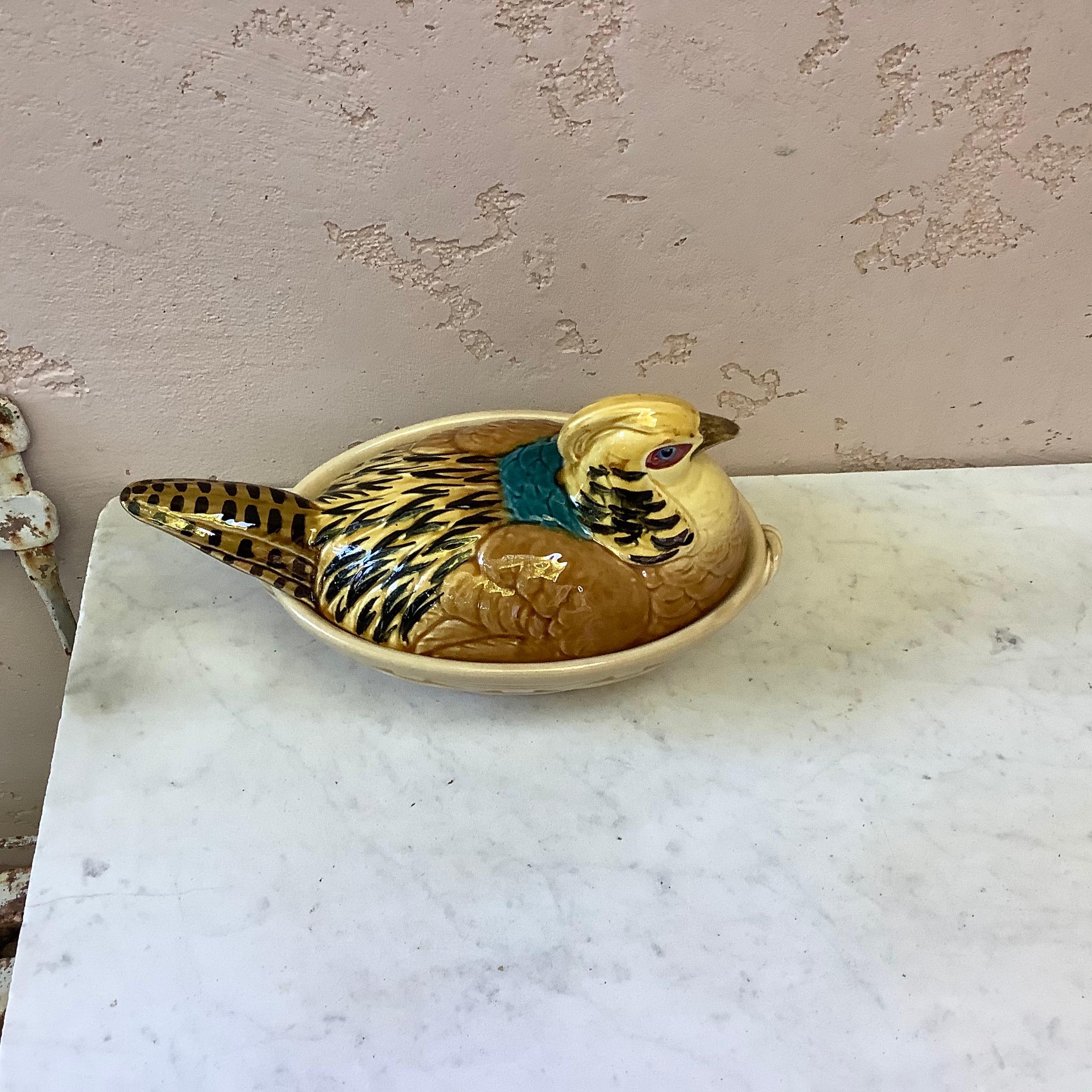 Majolica pheasant tureen signed Sarreguemines, circa 1910.