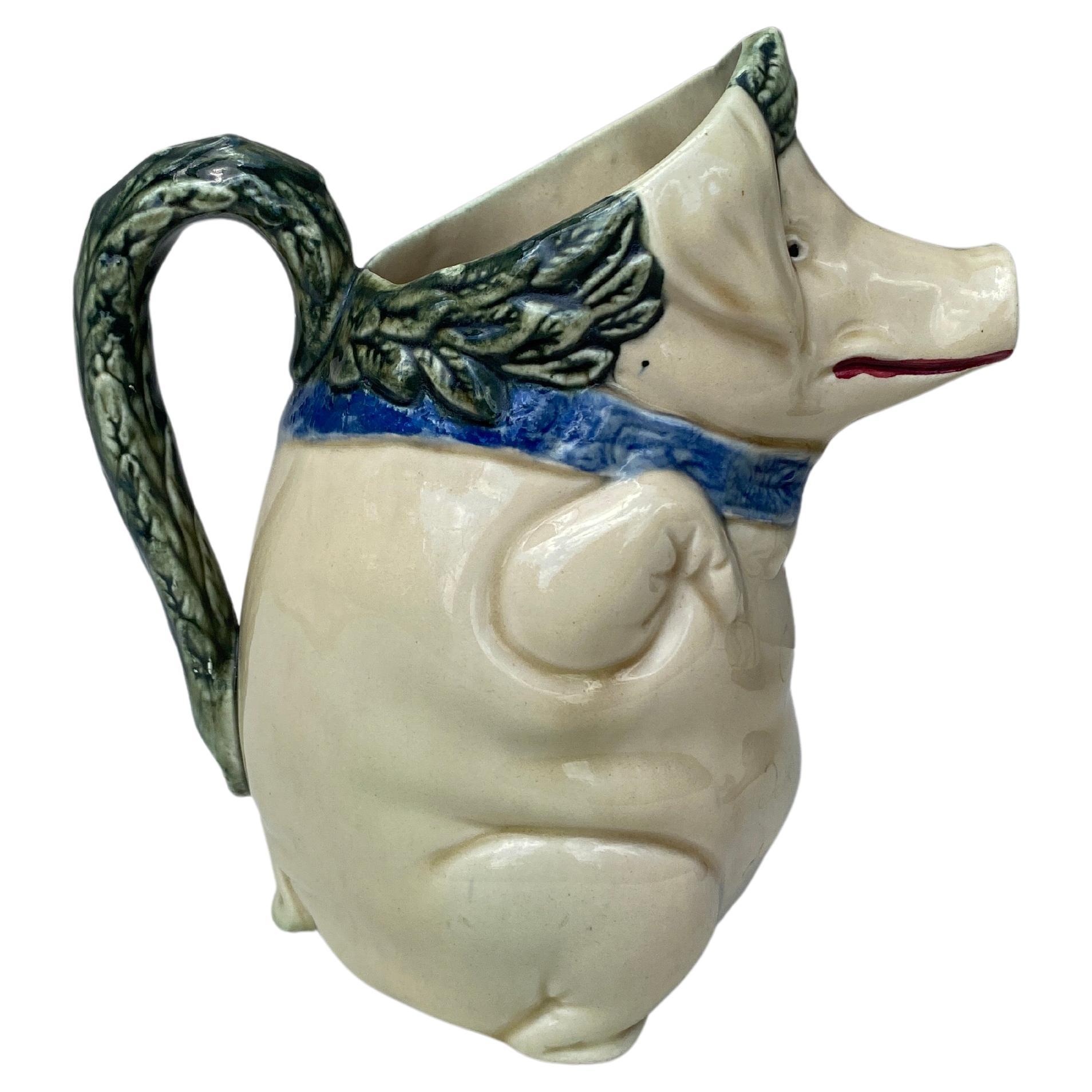 French Majolica pig with ham signed Orchies, circa 1900.