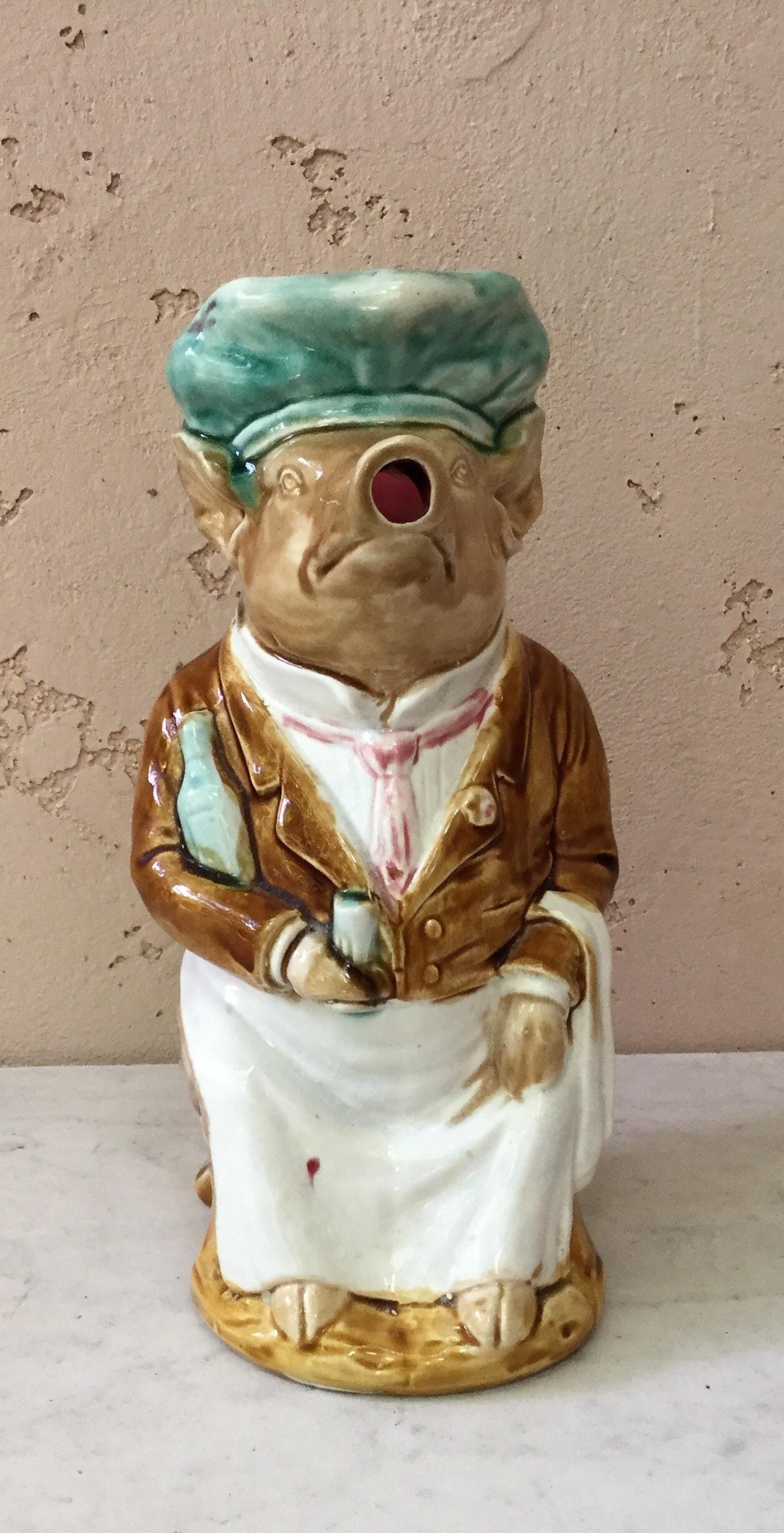 Majolica Pig Waiter Pitcher Onnaing, circa 1900 In Good Condition In Austin, TX