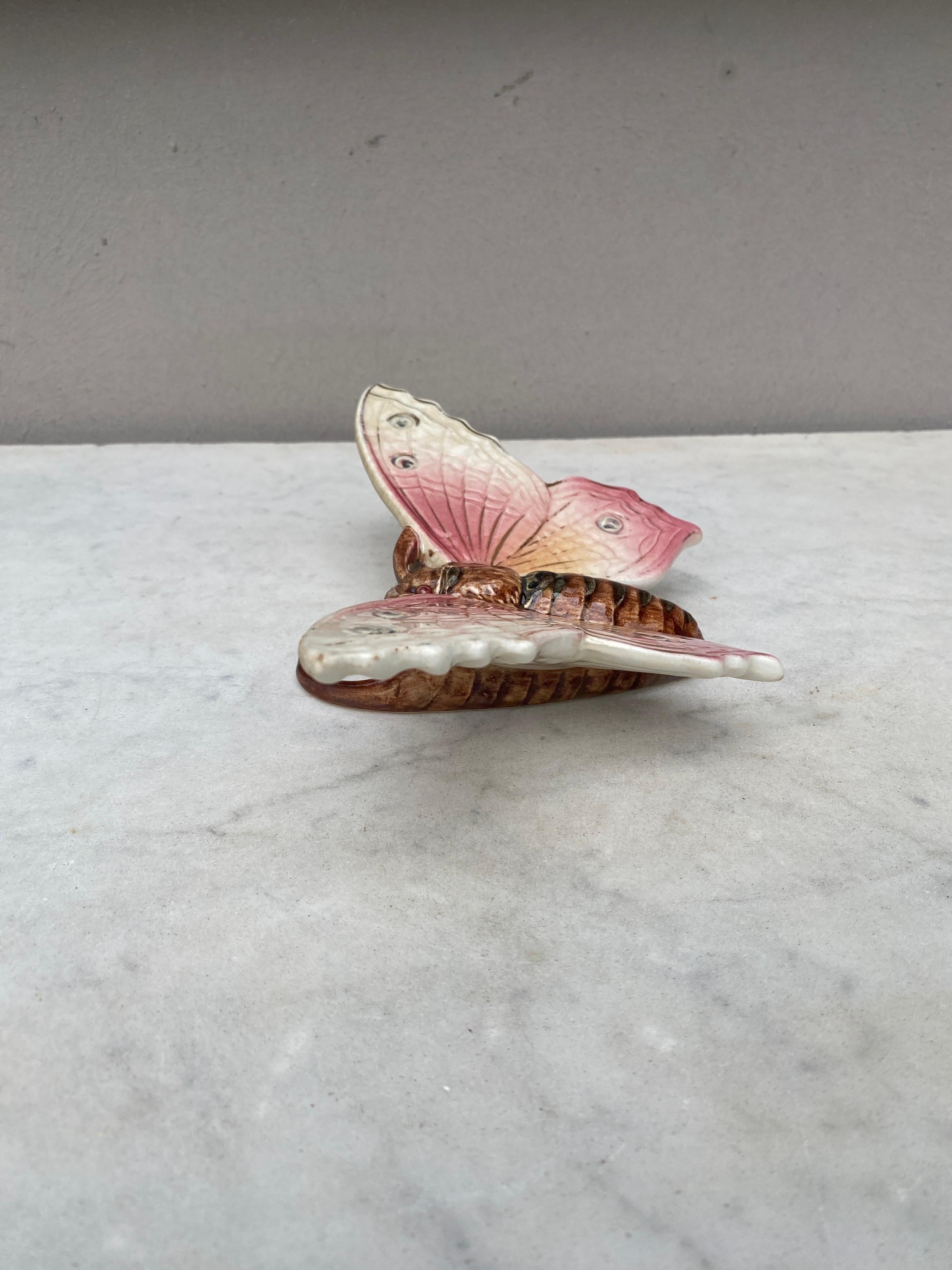 Art Nouveau Majolica Pink Butterfly Wall Pocket Fives Lille, circa 1900