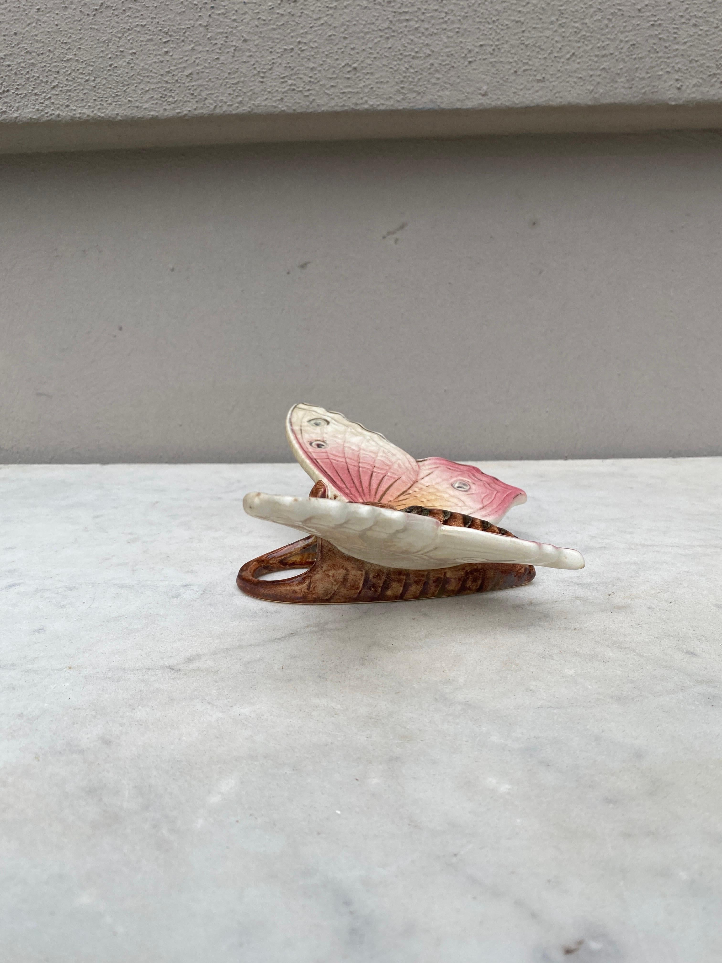 French Majolica Pink Butterfly Wall Pocket Fives Lille, circa 1900