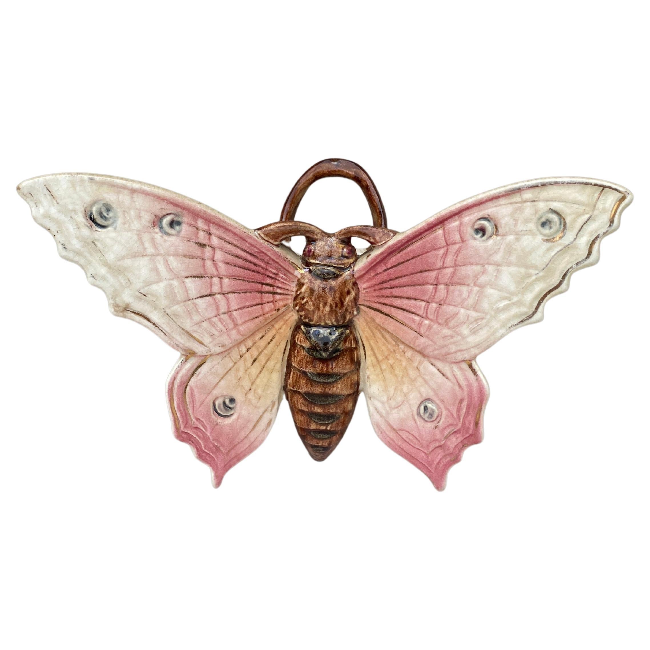Majolica Pink Butterfly Wall Pocket Fives Lille, circa 1900