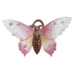 Antique Majolica Pink Butterfly Wall Pocket Fives Lille, circa 1900