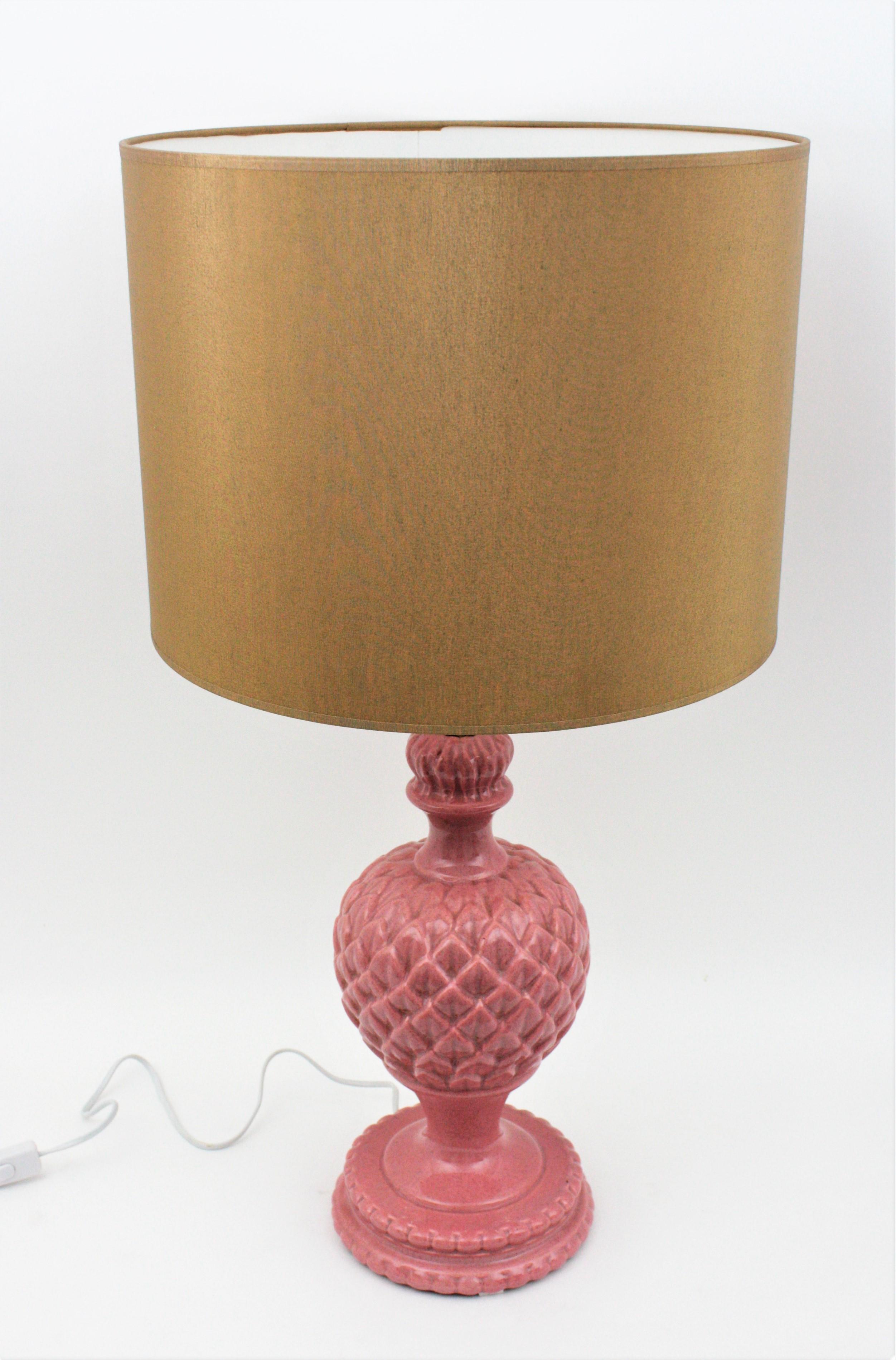 Mid-Century Modern Spanish Manises Pink Majolica Ceramic Artichoke Table Lamp For Sale