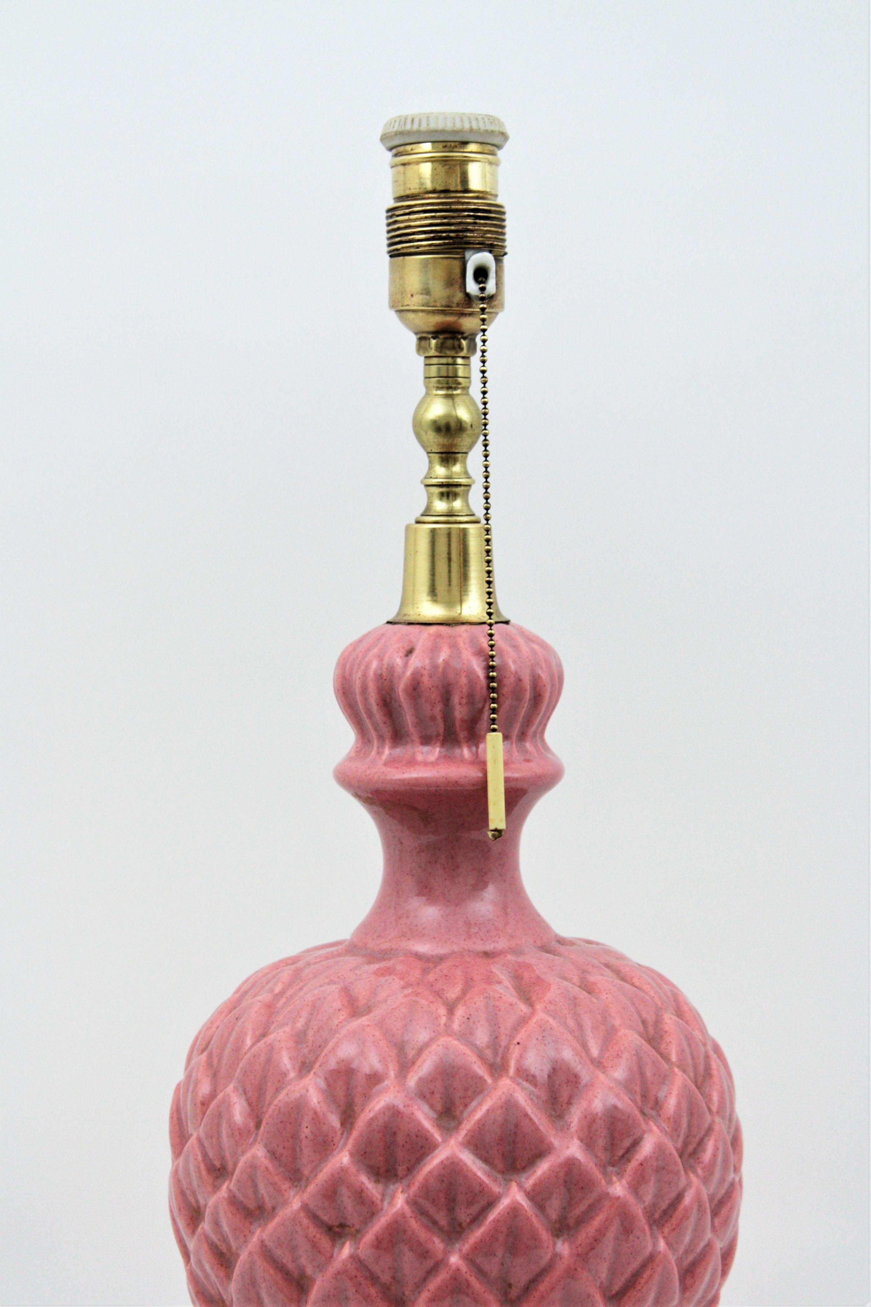 Glazed Spanish Manises Pink Majolica Ceramic Artichoke Table Lamp For Sale