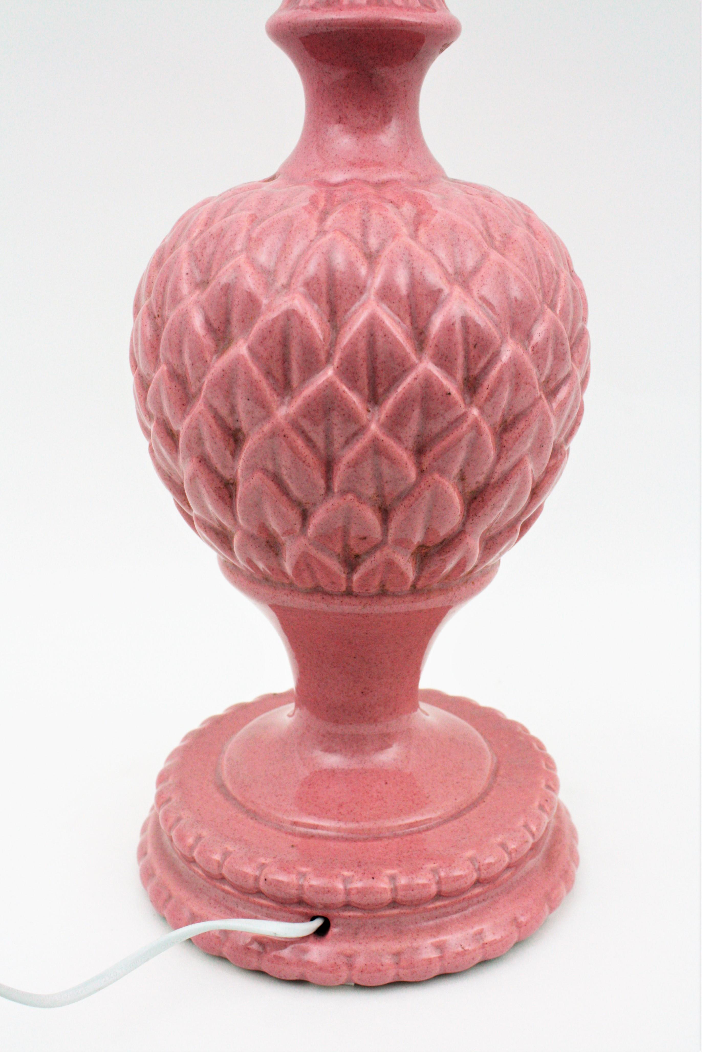 20th Century Majolica Pink Glazed Manises Ceramic Artichoke Table Lamp, Spain, 1960s For Sale