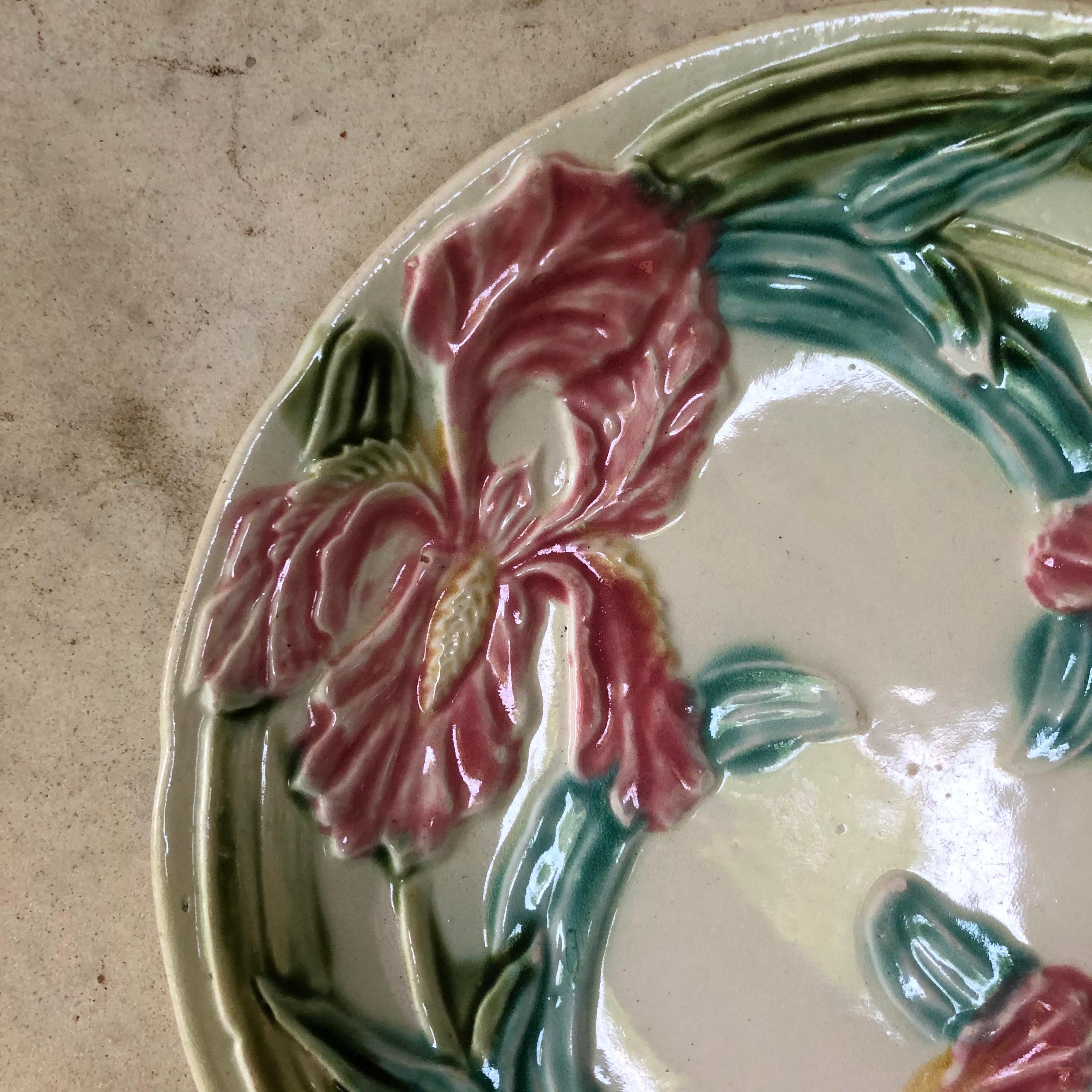 Majolica pink Iris plate Onnaing, circa 1900.