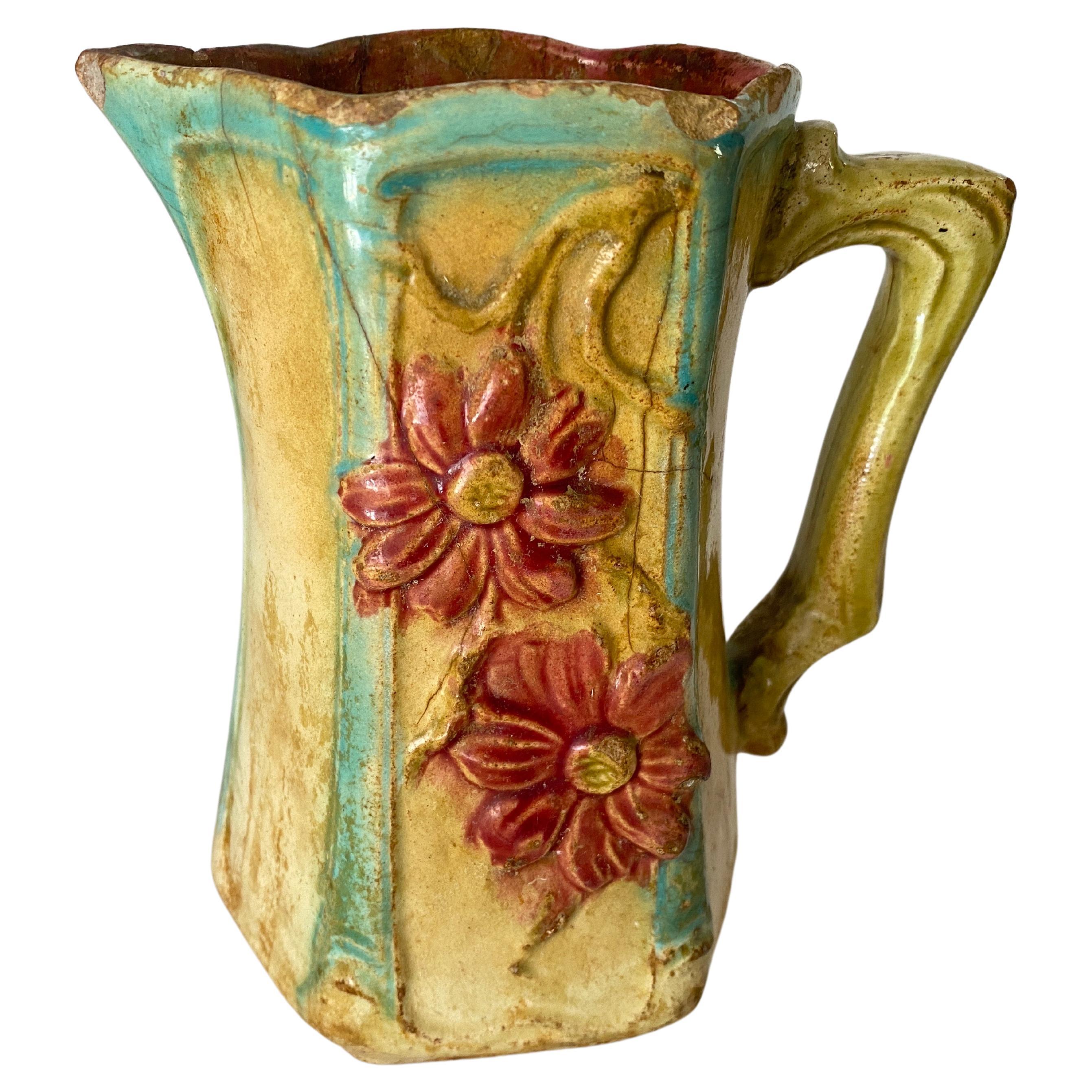 Majolica Pitcher circa 1900 red reen and Beige Colors France For Sale