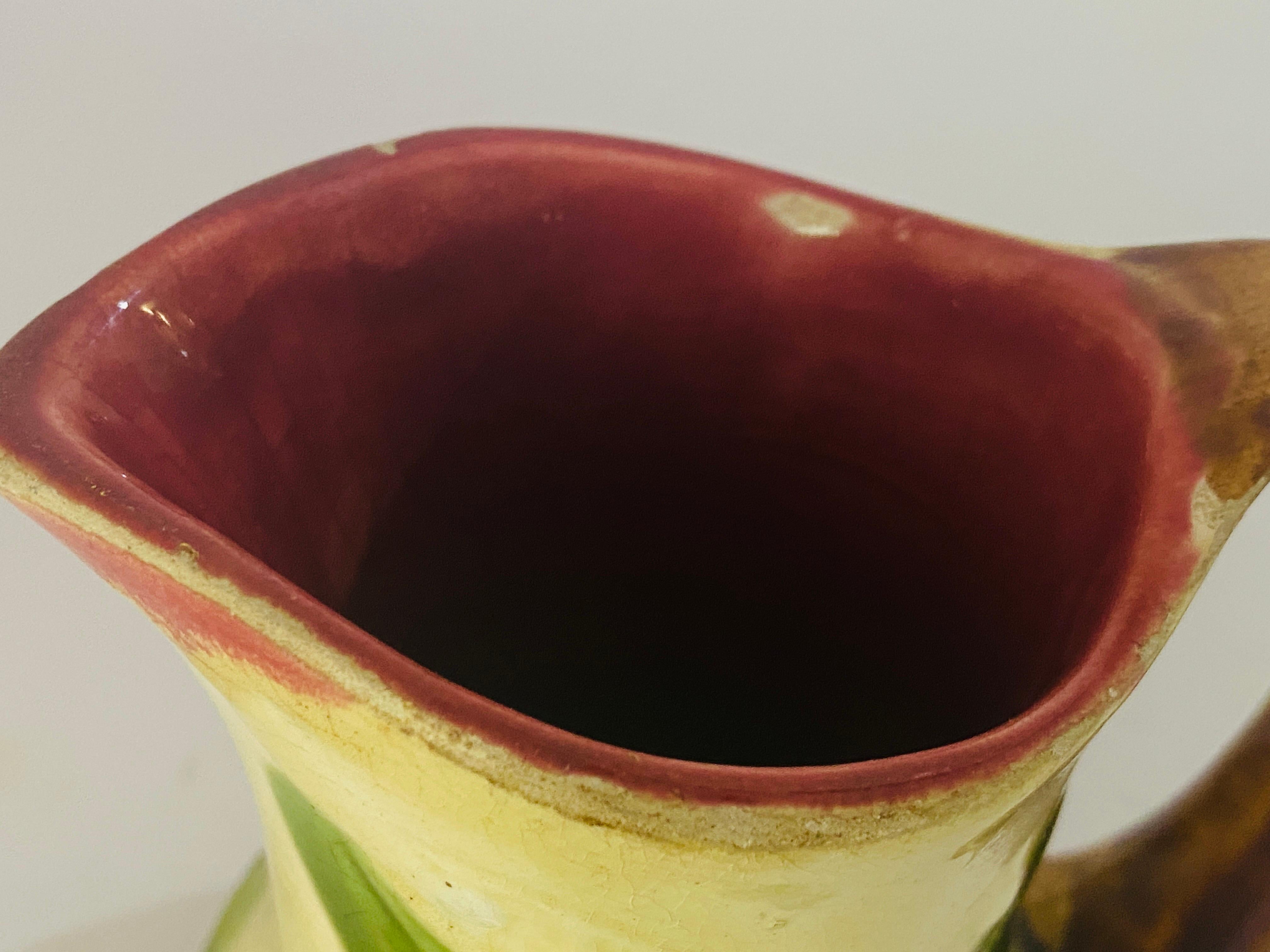 Early 20th Century Majolica Pitcher George Jones circa 1900, Brown Yellow and Green Colors France For Sale
