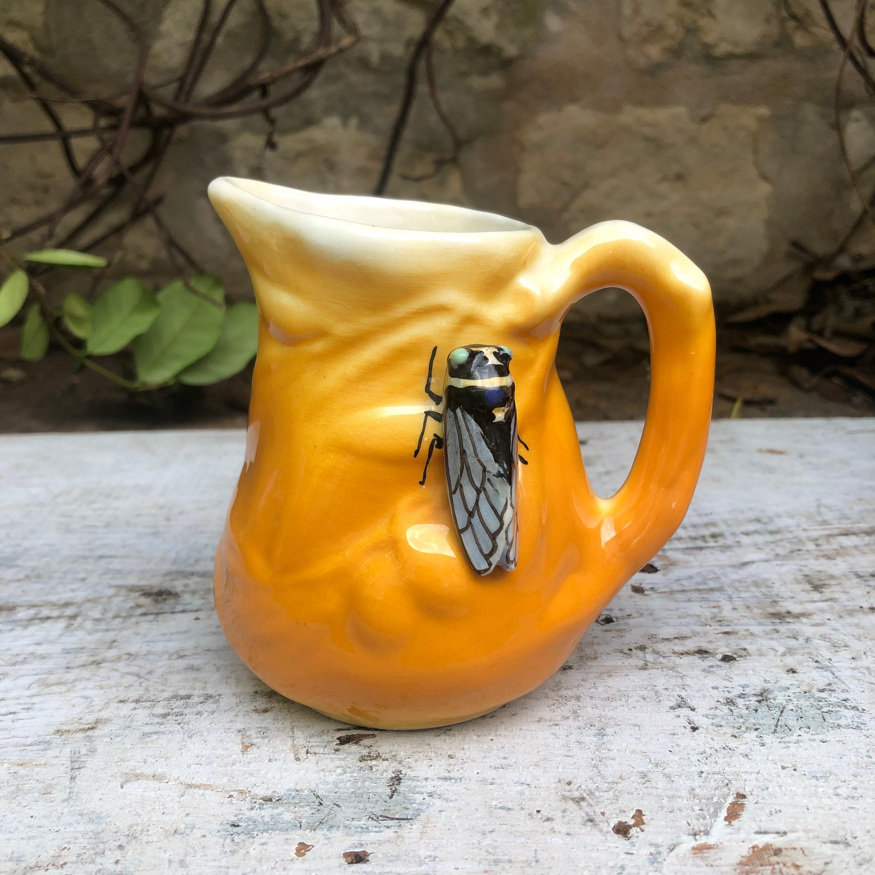 Majolica pitcher with cicada and olives signed Sicard, circa 1950.
From South of France (Provence).