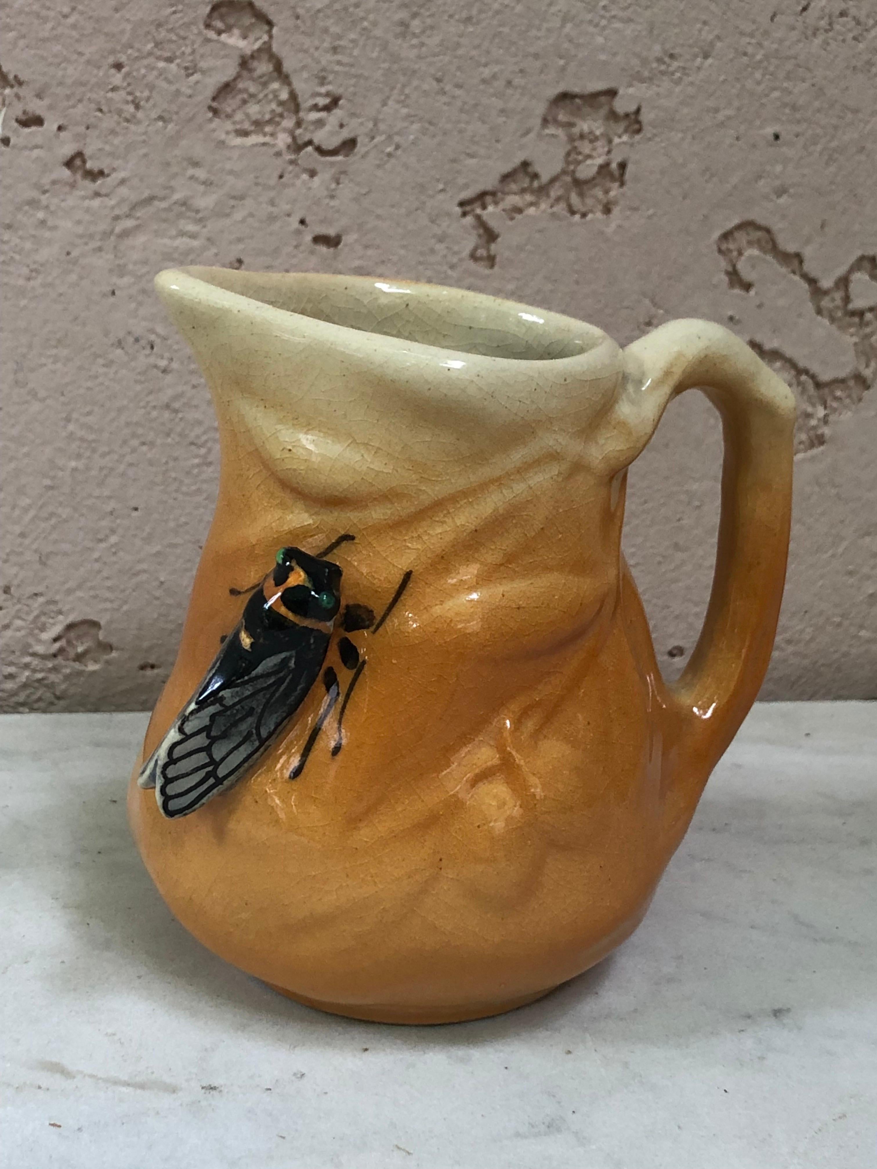 French Majolica pitcher with cicada and olives signed Sicard, circa 1950.
From South of France (Provence).