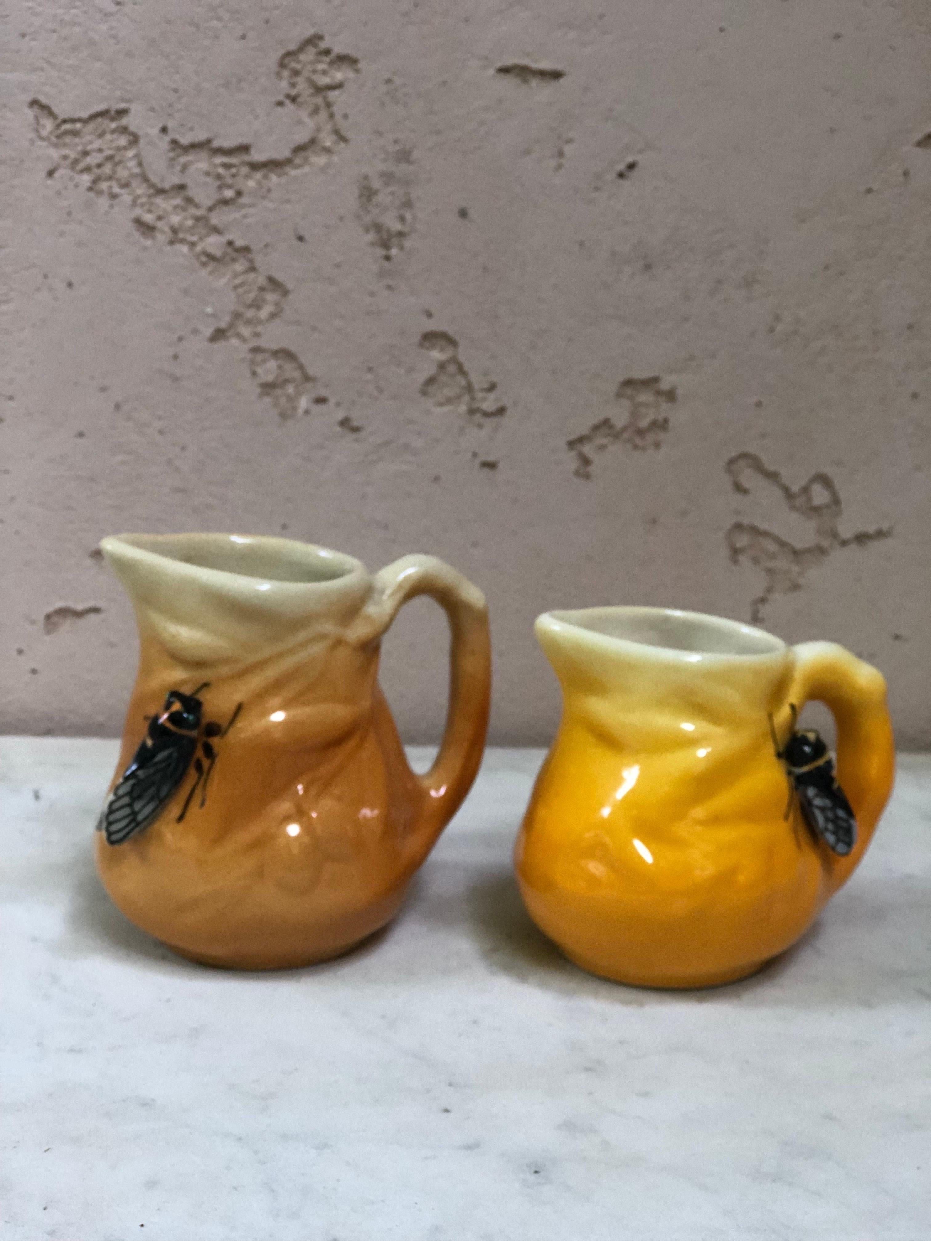 French Majolica Pitcher with Cicada and Olives Sicard circa 1950 For Sale