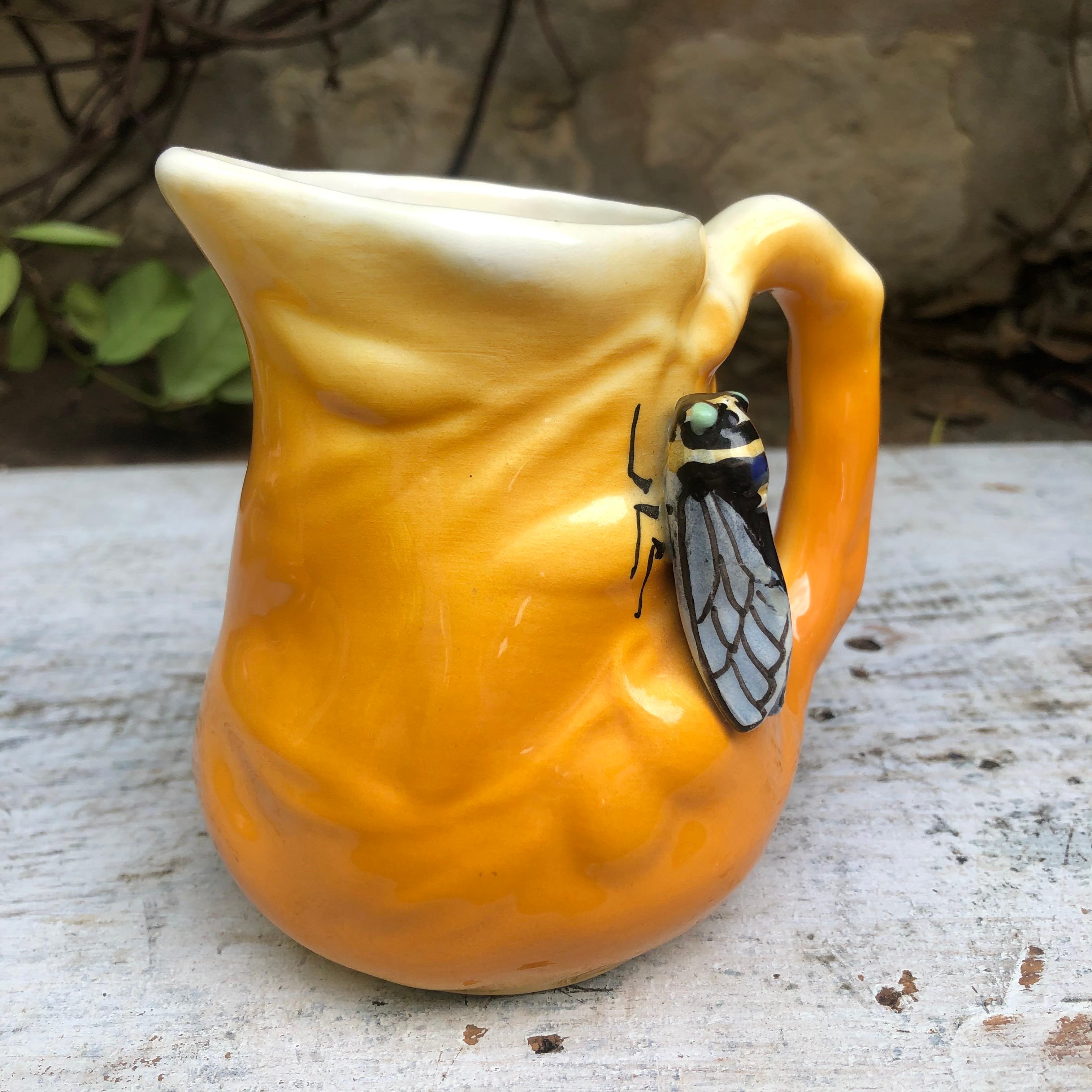 Mid-20th Century Majolica Pitcher with Cicada and Olives Sicard, circa 1950