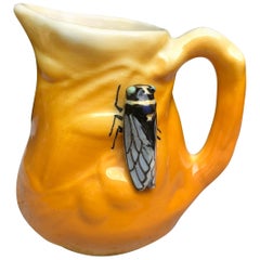 Vintage Majolica Pitcher with Cicada and Olives Sicard, circa 1950