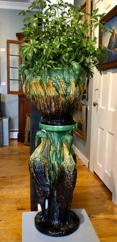 Majolica Plant Stand Jardinere Featuring Herons