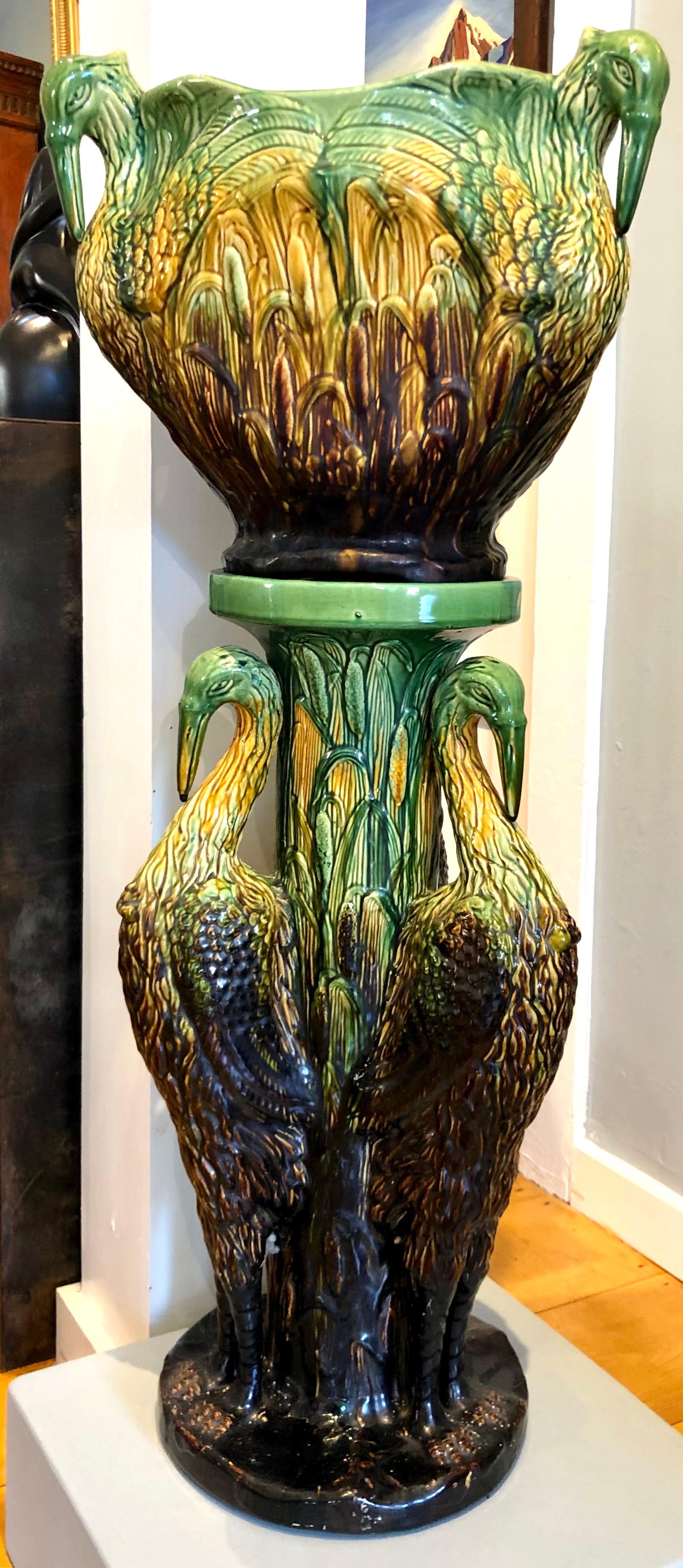 Art Nouveau Majolica Plant Stand Jardinere Featuring Herons