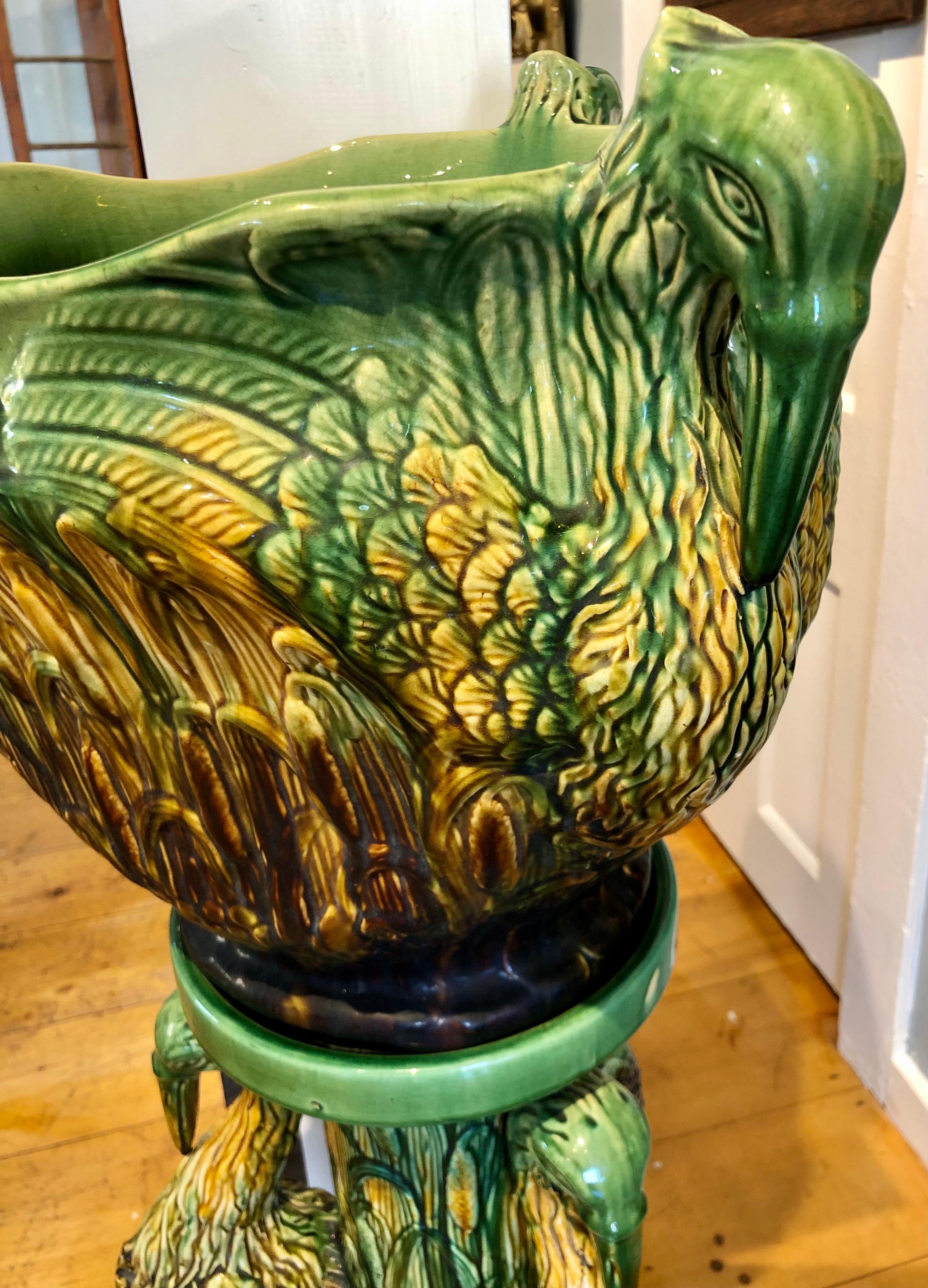 American Majolica Plant Stand Jardinere Featuring Herons