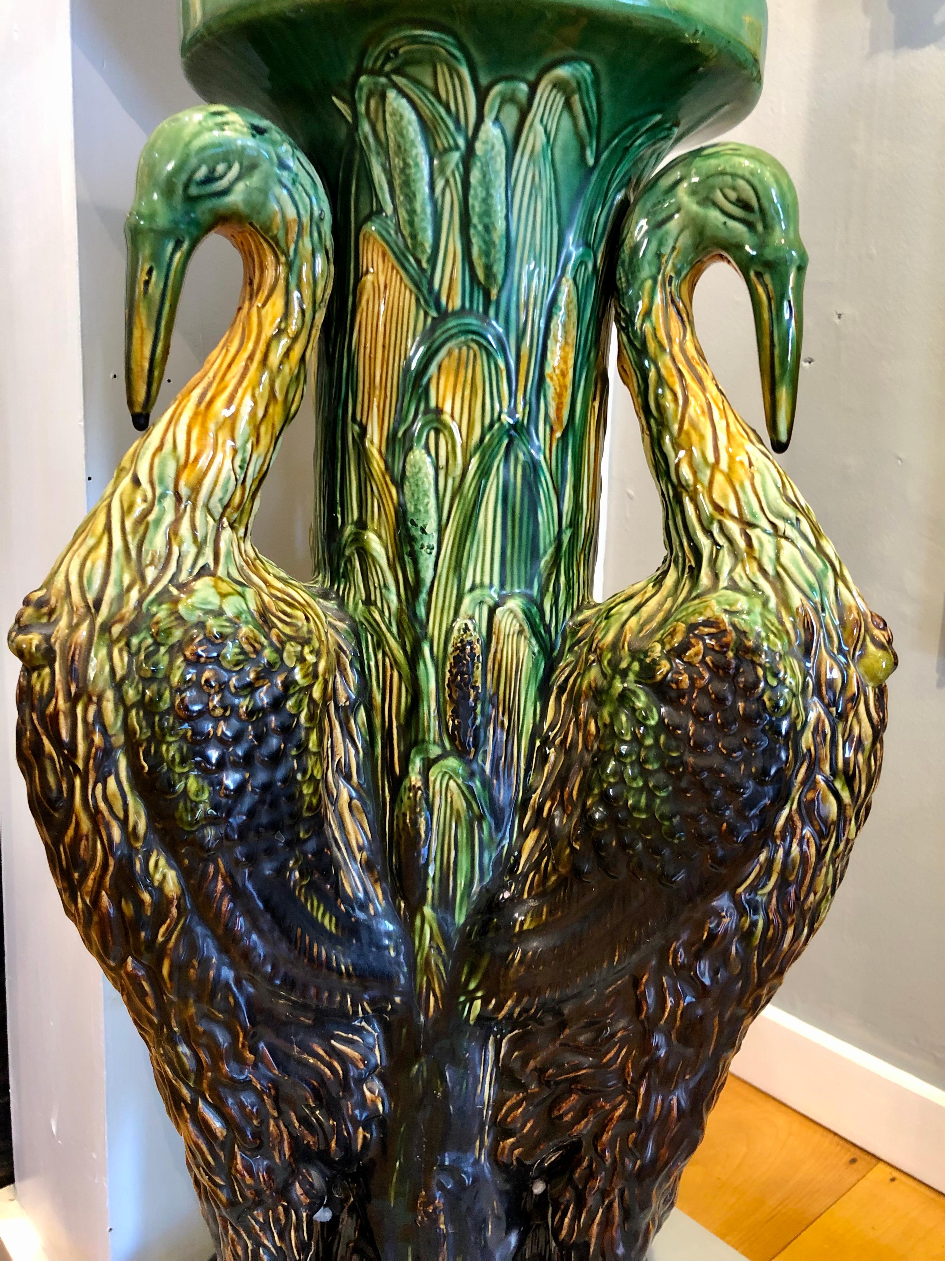 Majolica Plant Stand Jardinere Featuring Herons In Good Condition In Wiscasset, ME