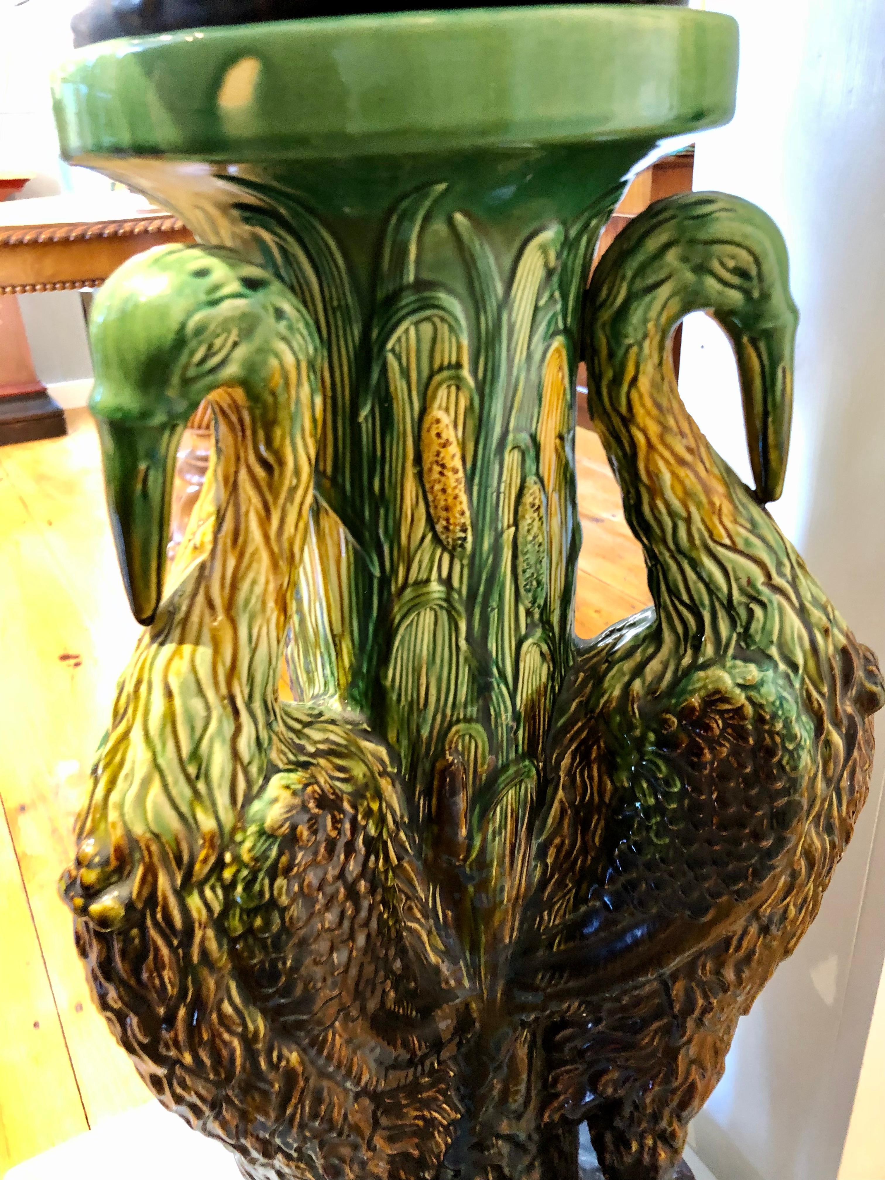 19th Century Majolica Plant Stand Jardinere Featuring Herons