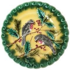 Majolica Plate Birds with Holly Sarreguemines, circa 1880