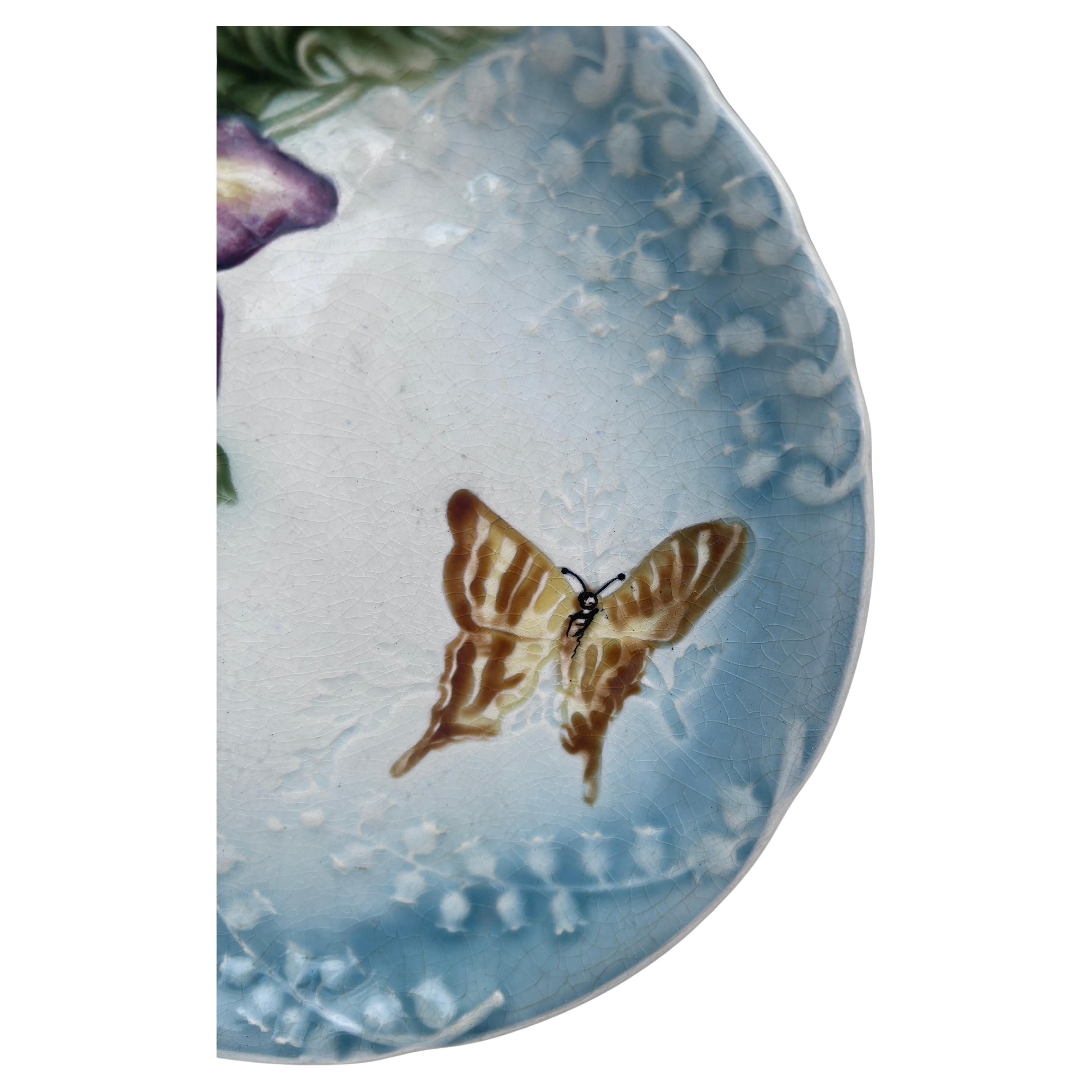 Aesthetic Movement Majolica Plate Flowers & Butterfly Choisy le Roi, circa 1880 For Sale