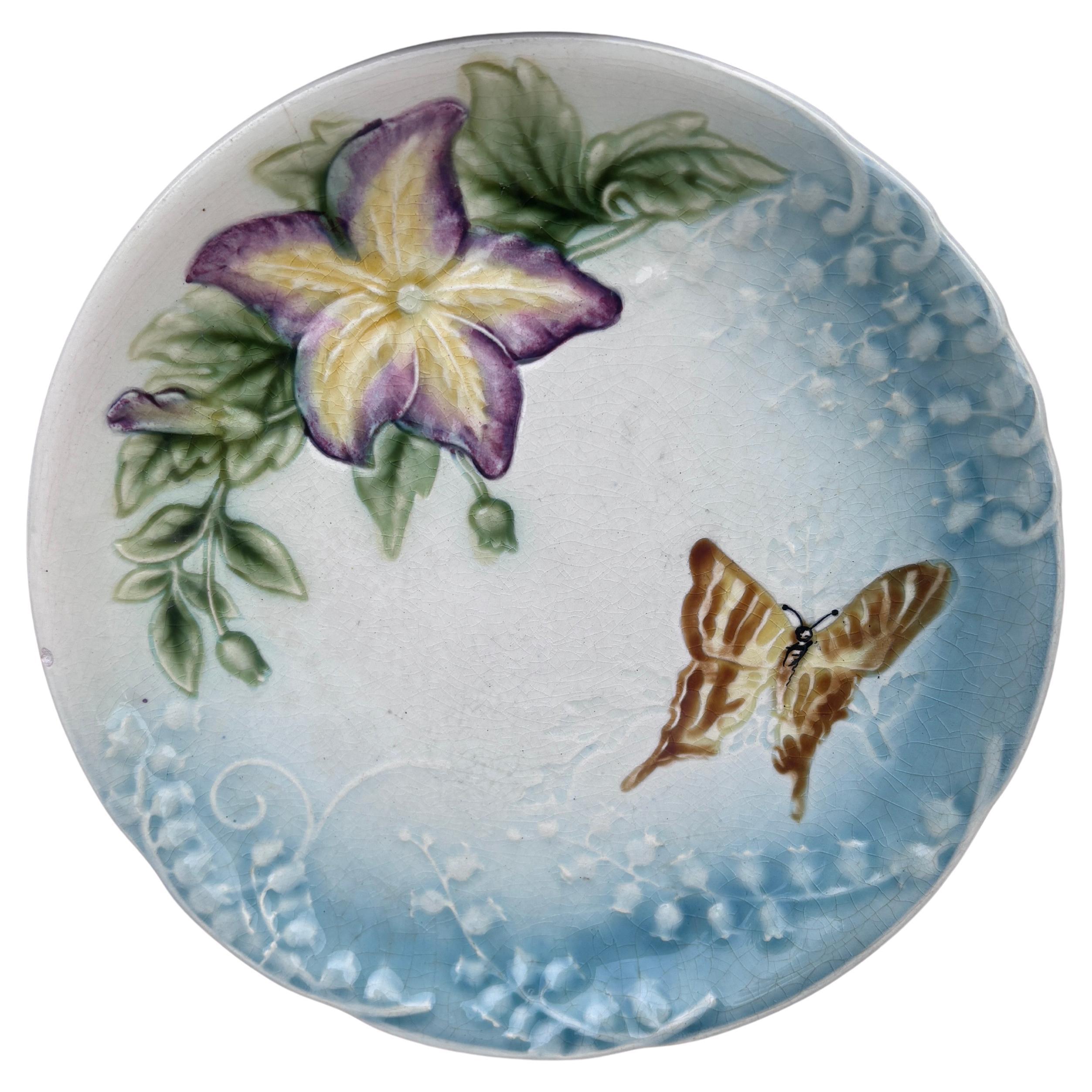 Majolica Plate Flowers & Butterfly Choisy le Roi, circa 1880 For Sale