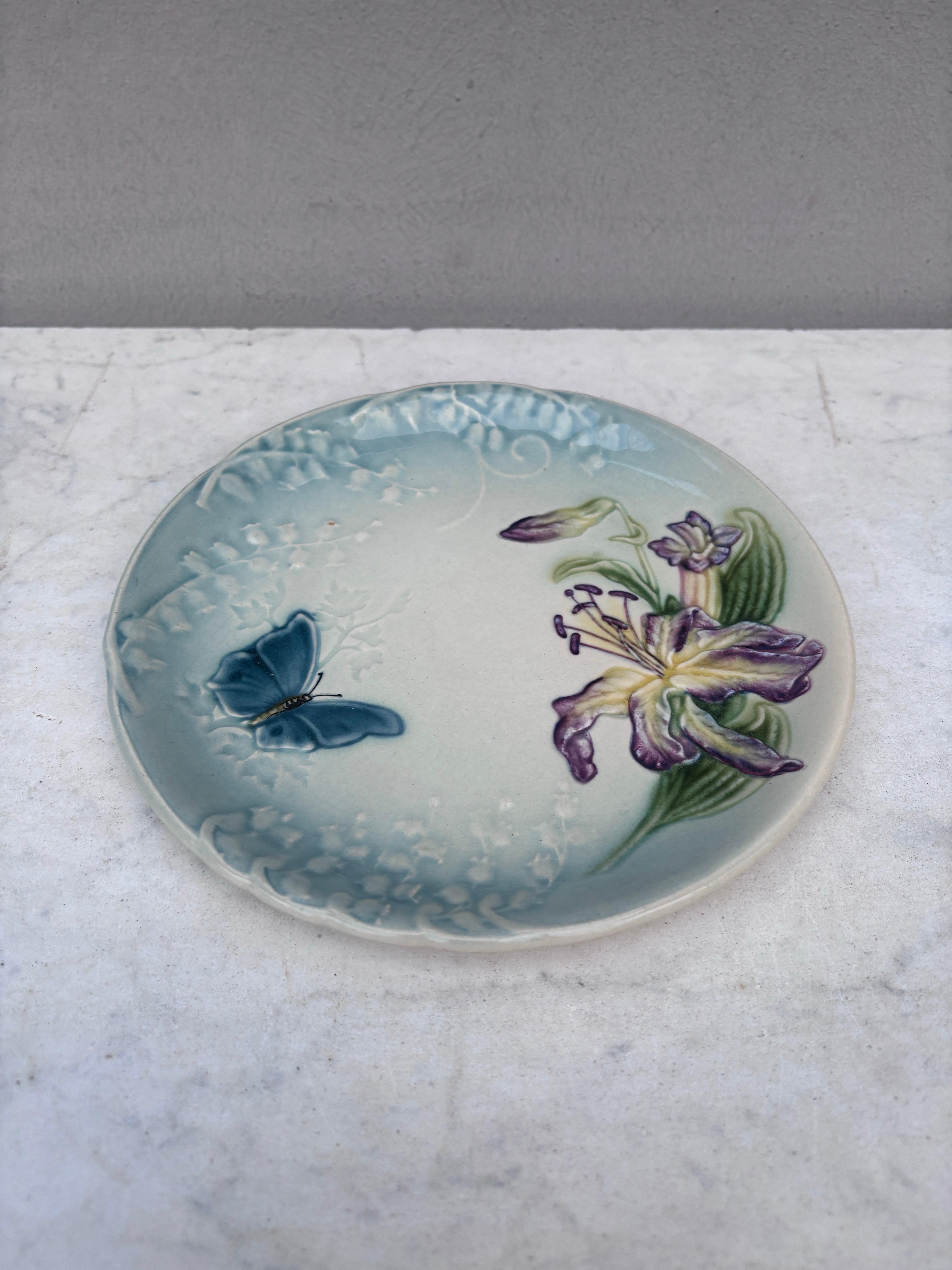 Majolica Plate Lily & Butterfly Choisy le Roi, circa 1880.
8 inches.