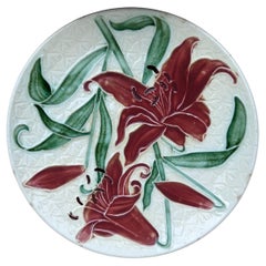 Antique Majolica Plate Red Lillies Villeroy & Boch