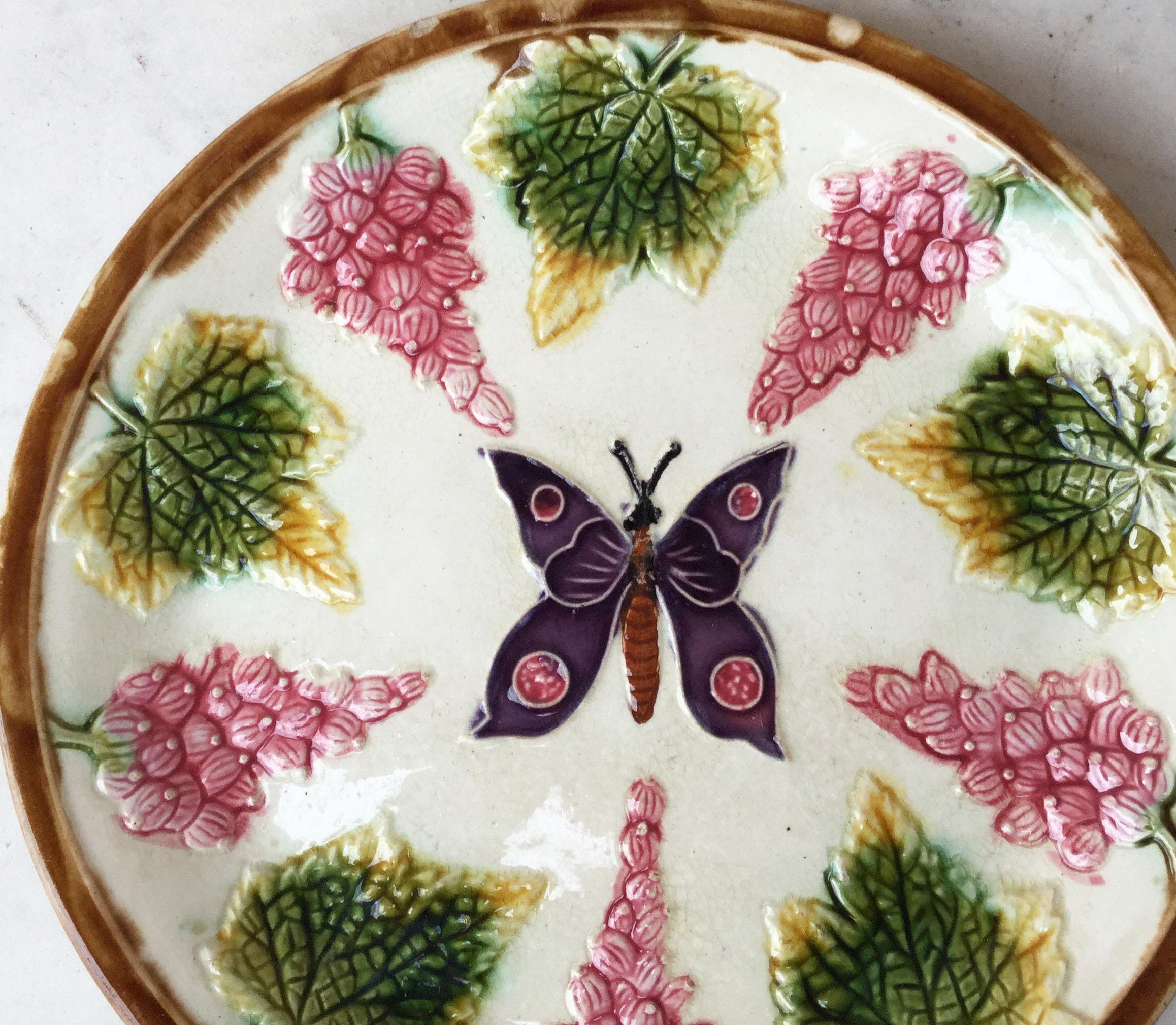 French Majolica plate with a purple butterfly on the center surrounded by fruits, circa 1890.