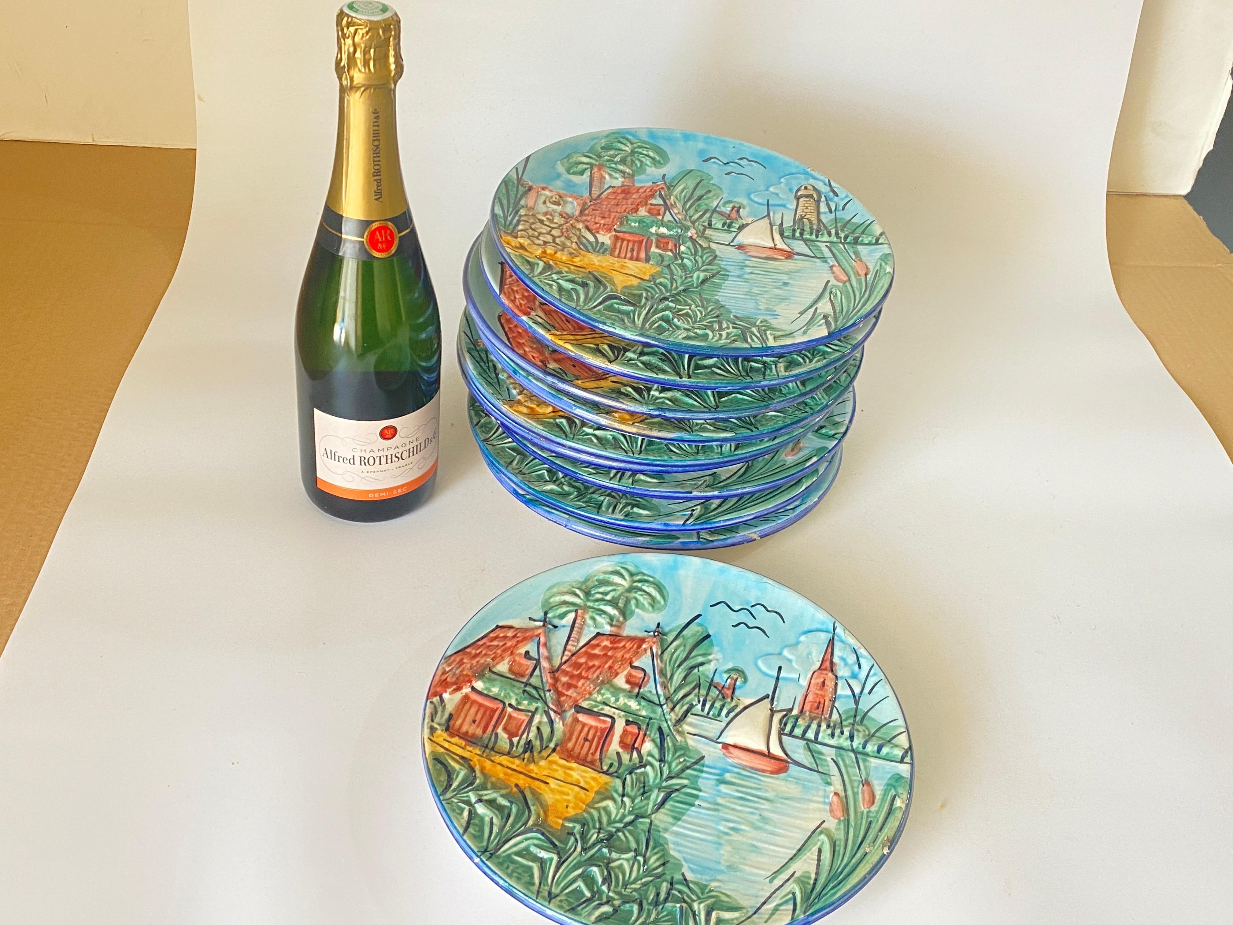 Majolica Plates Representing Saint Tropez, circa 1960 Set of 10 For Sale 9