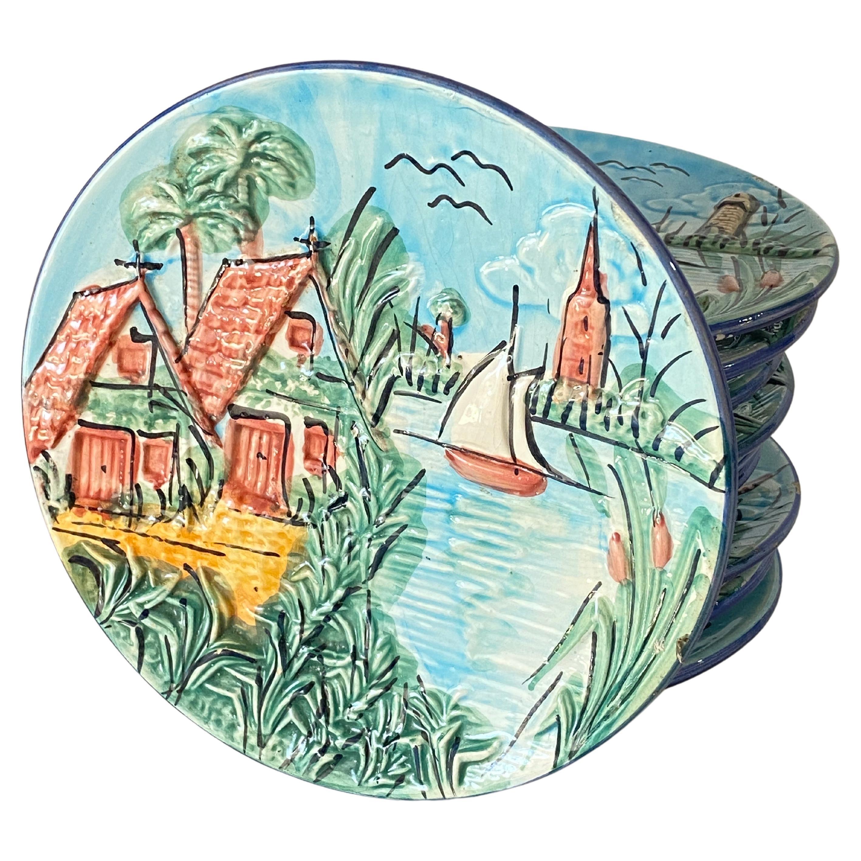 Majolica Plates Representing Saint Tropez, circa 1960 Set of 10 For Sale