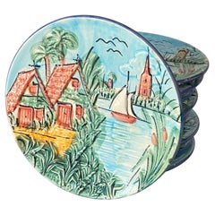 Majolica Plates Representing Saint Tropez, circa 1960 Set of 10