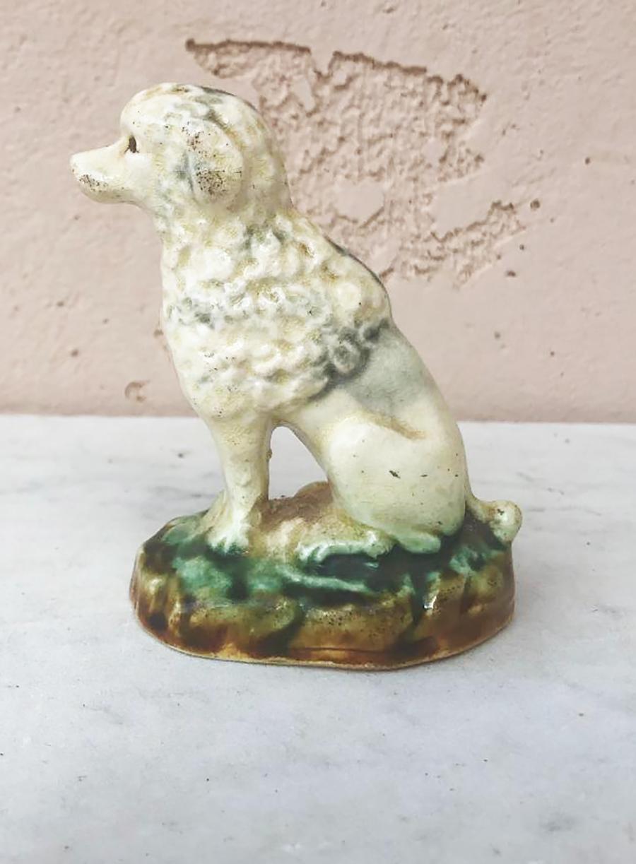French petite majolica poodle unsigned Onnaing, circa 1900.
Supposed to be a toy.