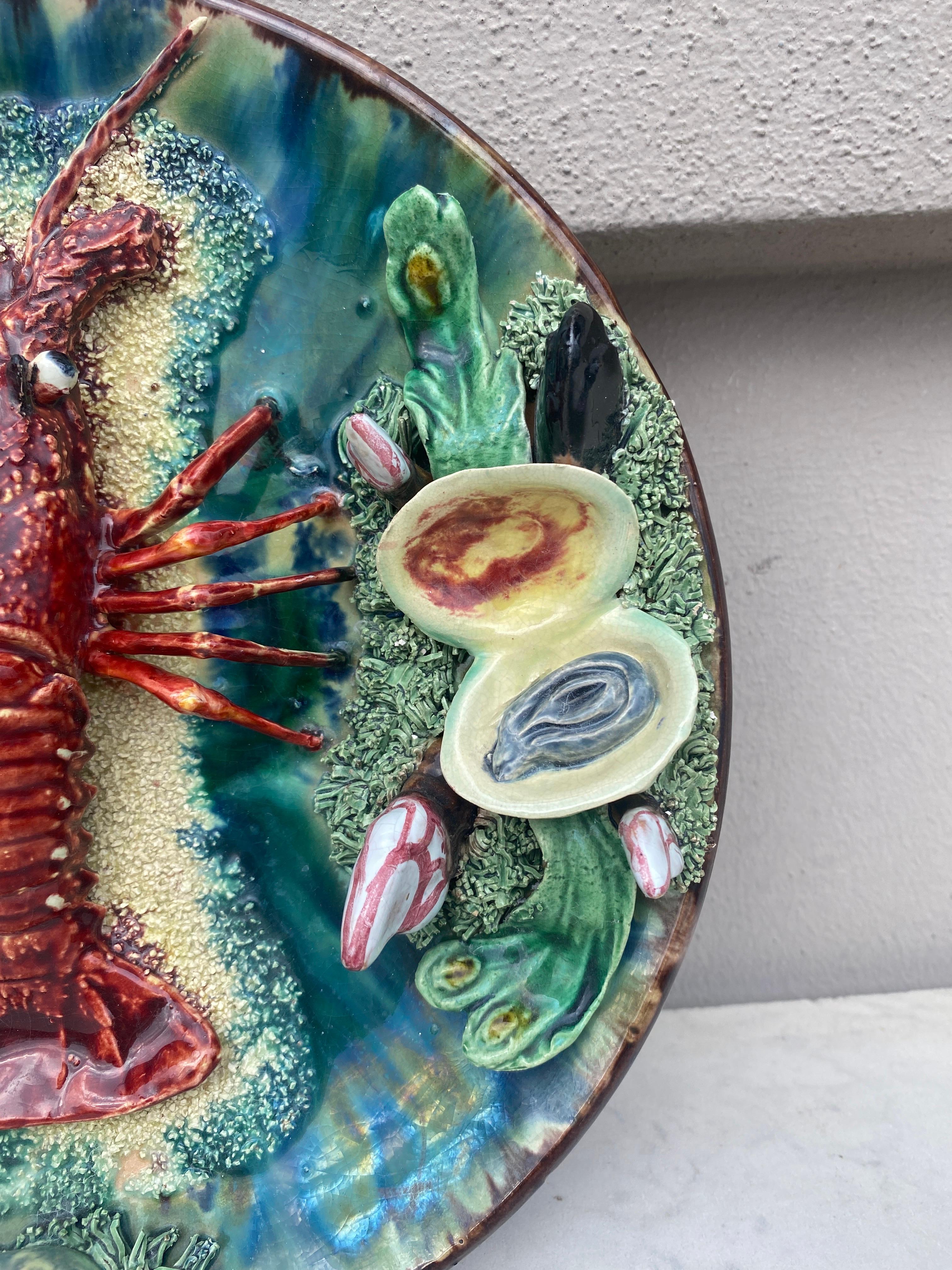 Rustic Majolica Portuguese Palissy Lobster Platter Aires C. Leal, circa 1940 For Sale
