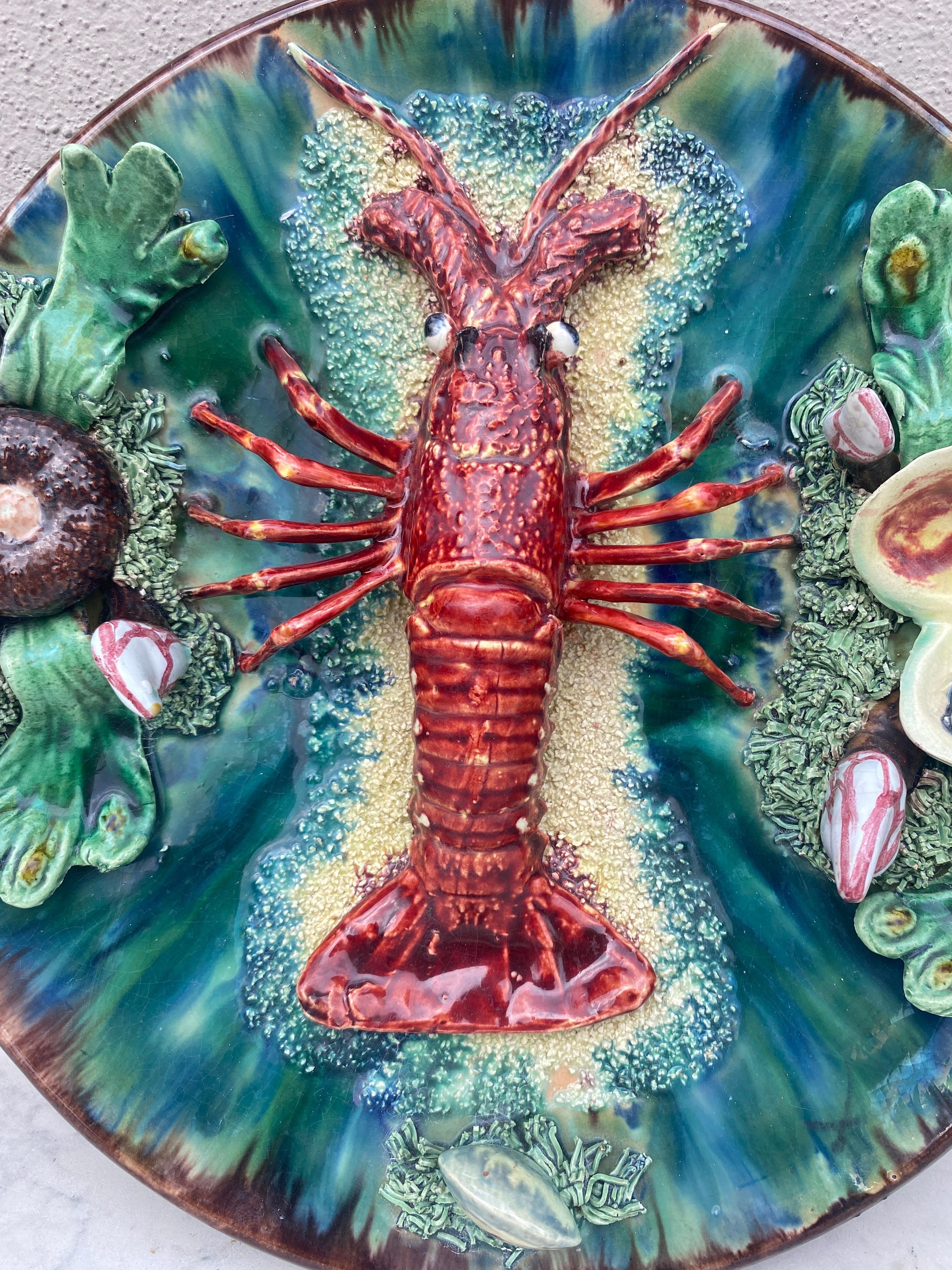 Mid-20th Century Majolica Portuguese Palissy Lobster Platter Aires C. Leal, circa 1940 For Sale