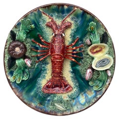 Antique Majolica Portuguese Palissy Lobster Platter Aires C. Leal, circa 1940