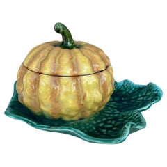 Vintage Majolica Pumpkin Tureen Sarreguemines, circa 1930